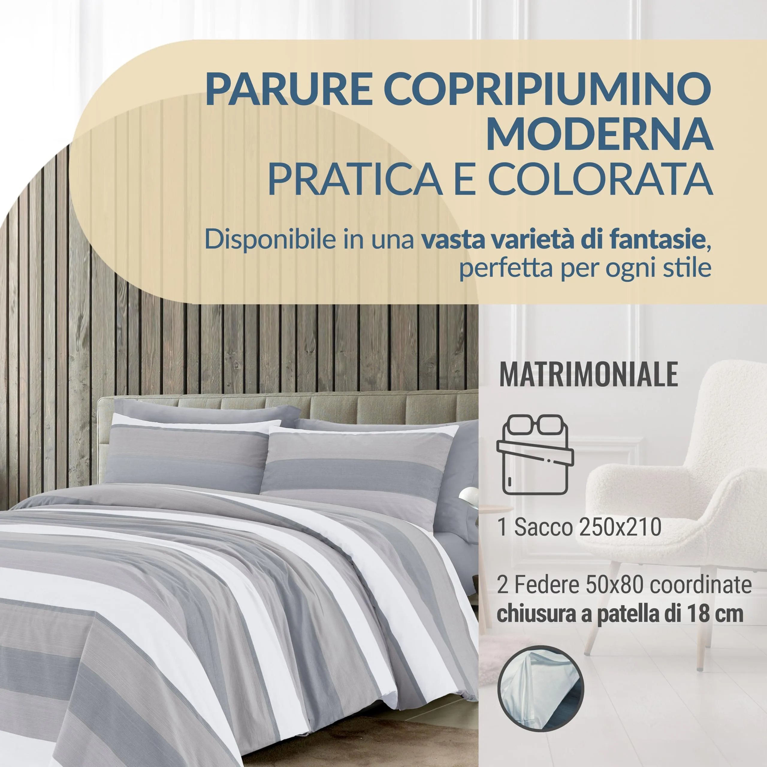 Dorian Home Copripiumino Matrimoniale in Cotone 250x210 cm con 2 Federe - Garda Grigio - immagine 2