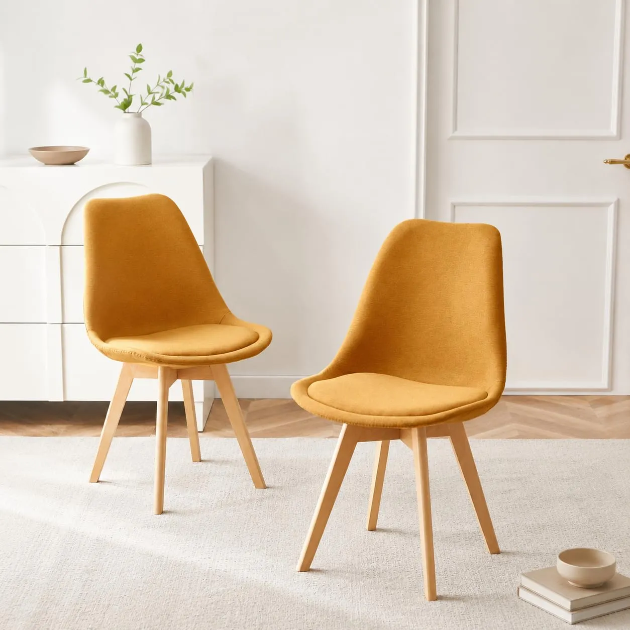 EGGREE Set di 2 Sedie da Pranzo in Tessuto di Lino con Gambe in Legno di Faggio, Giallo - immagine 3