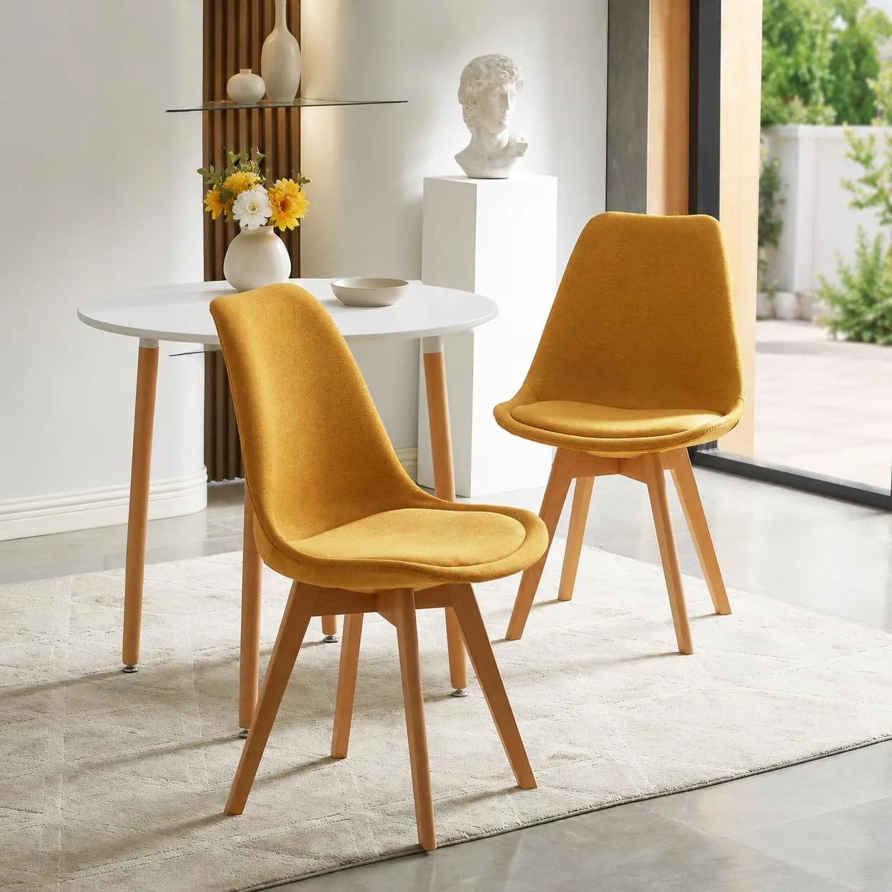 EGGREE Set di 2 Sedie da Pranzo in Tessuto di Lino con Gambe in Legno di Faggio, Giallo - immagine 4