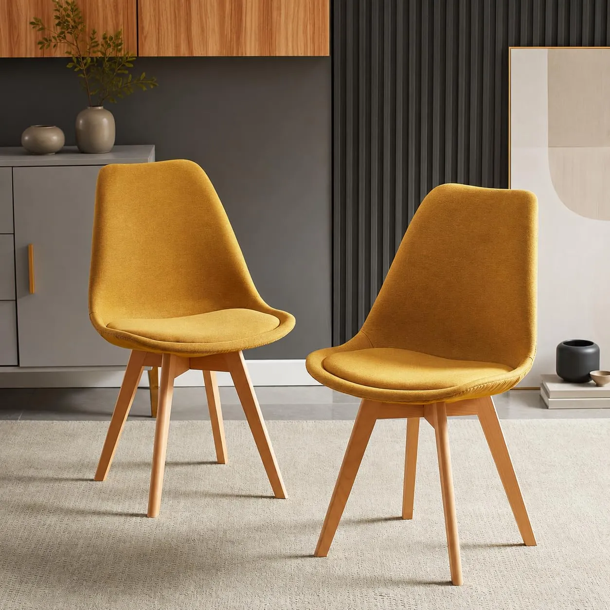 EGGREE Set di 2 Sedie da Pranzo in Tessuto di Lino con Gambe in Legno di Faggio, Giallo - immagine 6