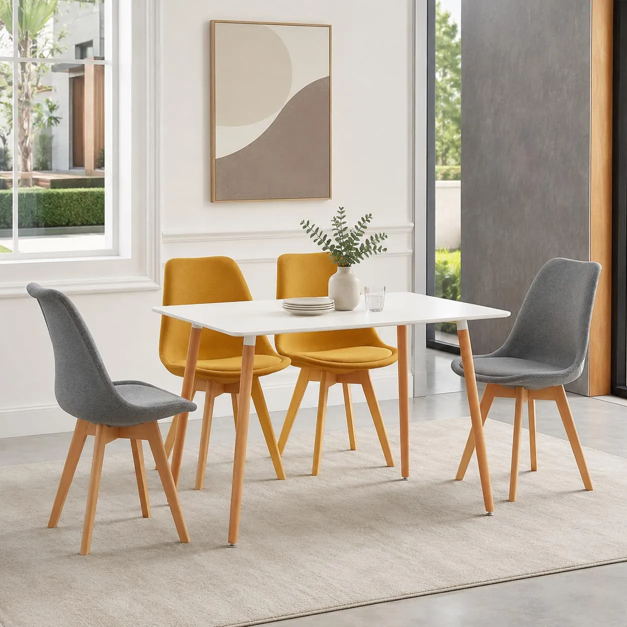 EGGREE Set di 2 Sedie da Pranzo in Tessuto di Lino con Gambe in Legno di Faggio, Giallo - immagine 7
