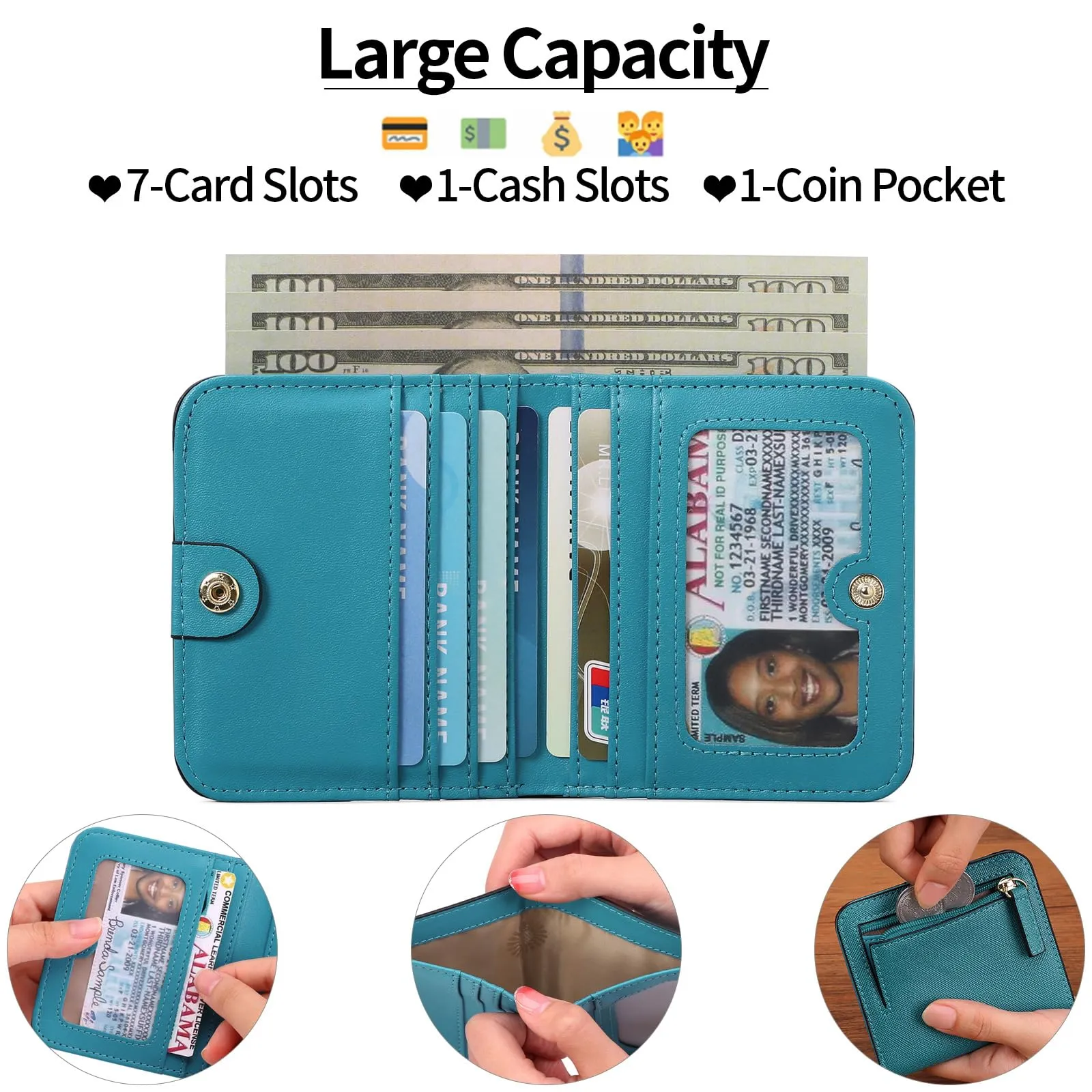 GAEKEAO Portafoglio da Donna in Pelle RFID, Compatto con 7 Scomparti per Carte, Finestra ID e Tasca con Cerniera - immagine 2