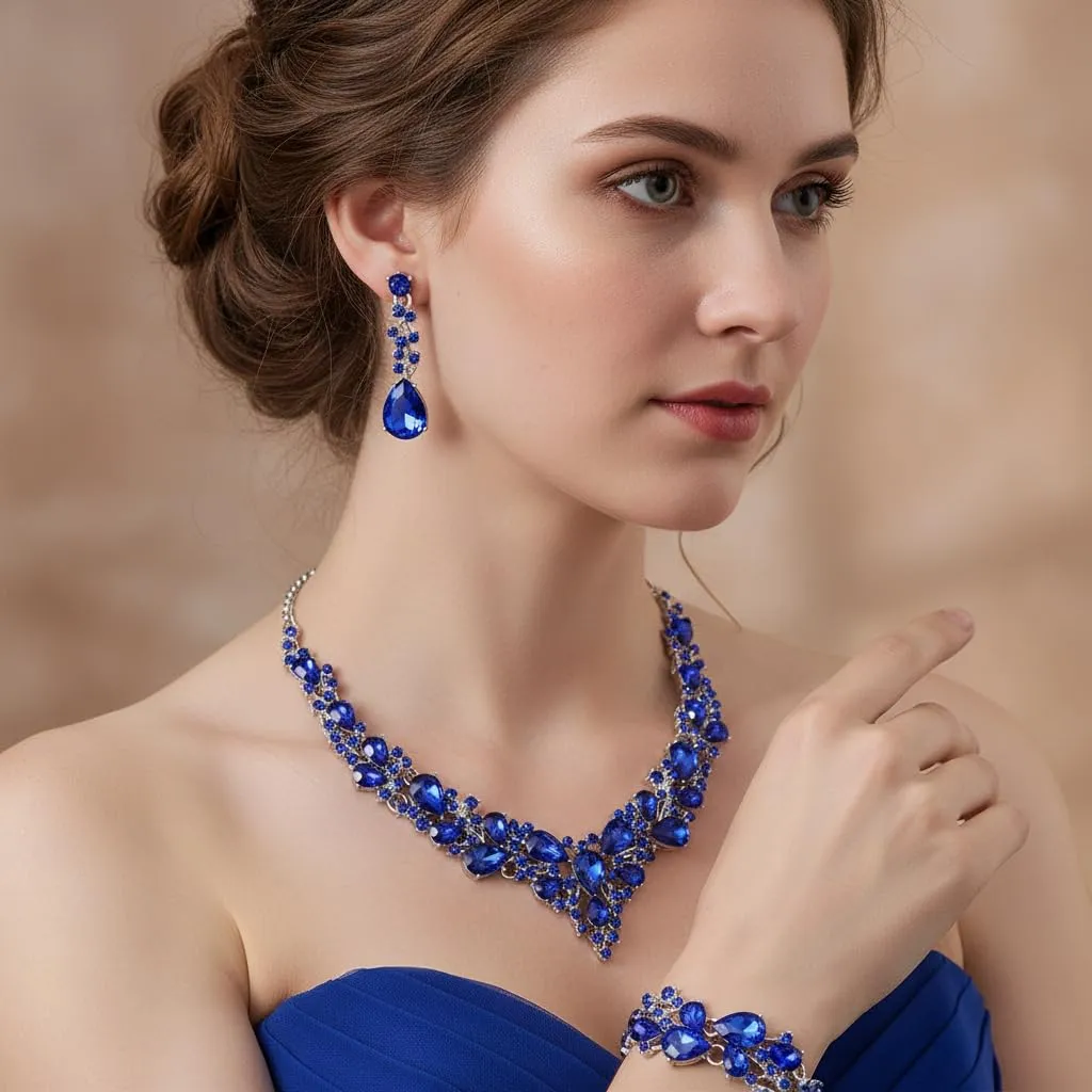 EVER FAITH Set Gioielli da Sposa in Cristallo Austriaco, Collana, Orecchini e Bracciale, Blu Argento Fondo - immagine 3