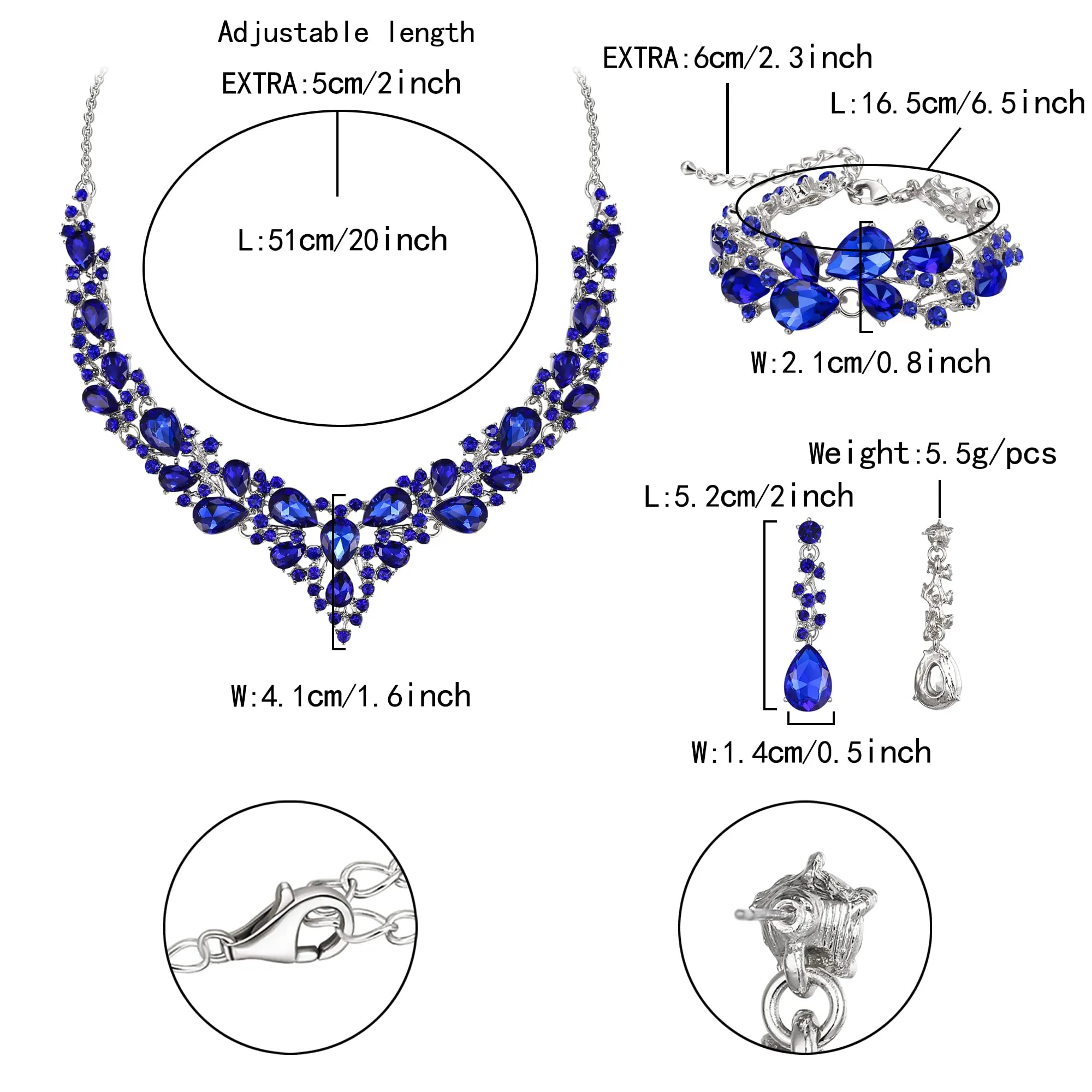 EVER FAITH Set Gioielli da Sposa in Cristallo Austriaco, Collana, Orecchini e Bracciale, Blu Argento Fondo - immagine 5