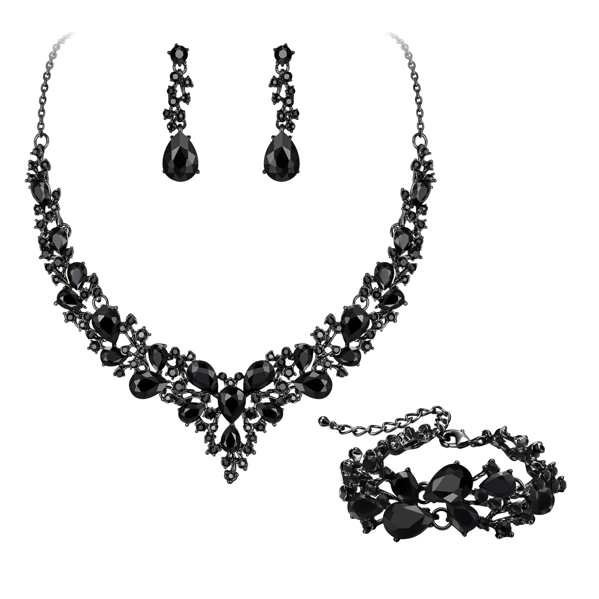 EVER FAITH Set Gioielli da Sposa in Cristallo con Collana, Orecchini e Bracciale - Nero Fondo - immagine 1