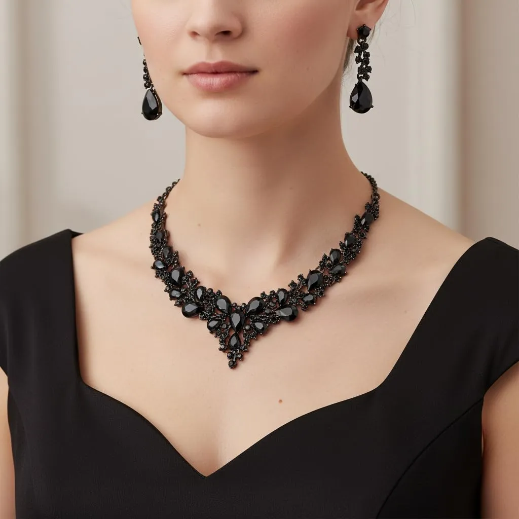 EVER FAITH Set Gioielli da Sposa in Cristallo con Collana, Orecchini e Bracciale - Nero Fondo - immagine 2