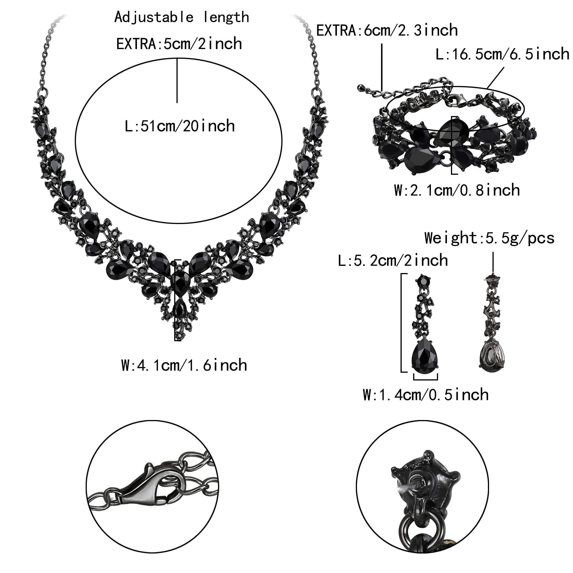 EVER FAITH Set Gioielli da Sposa in Cristallo con Collana, Orecchini e Bracciale - Nero Fondo - immagine 4