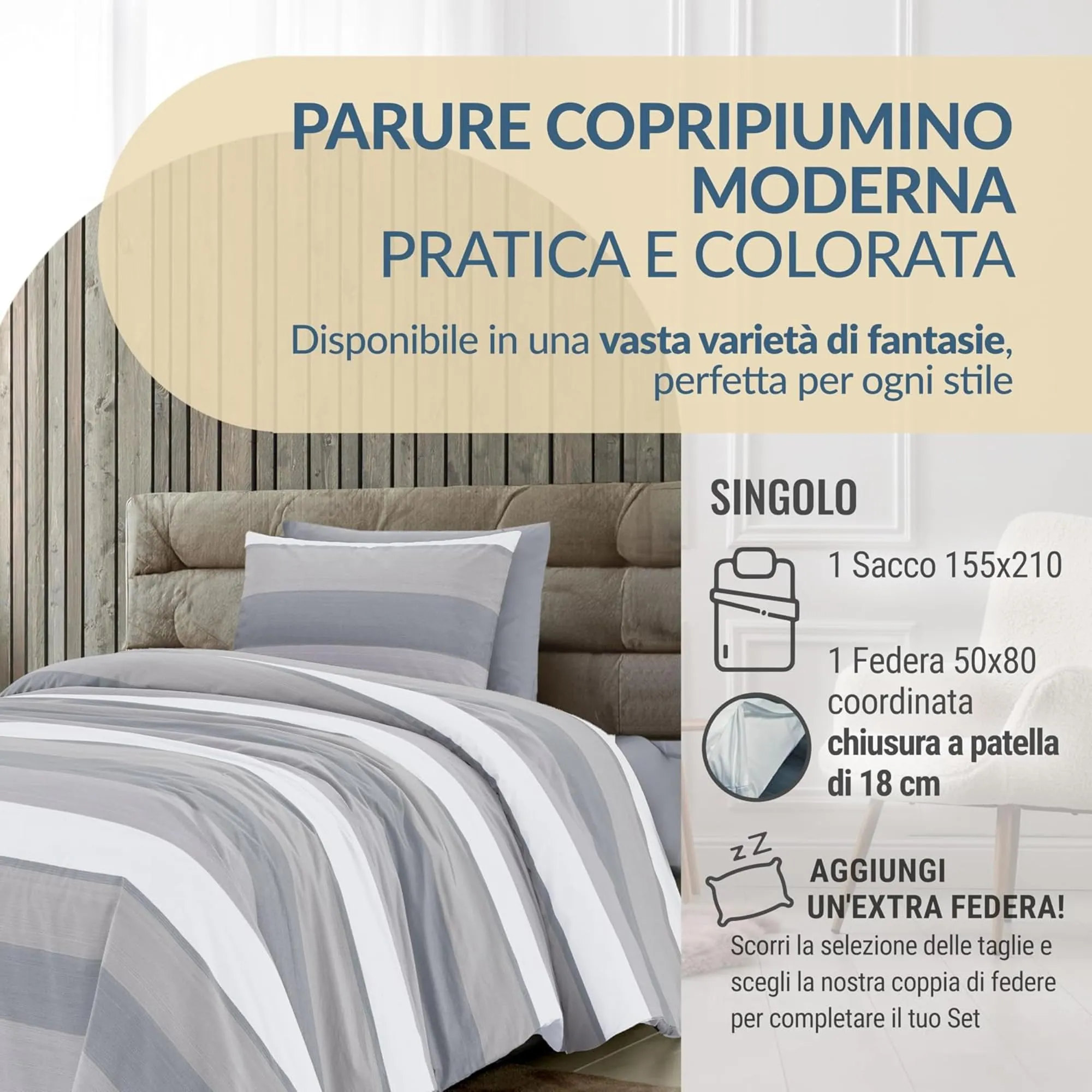 Dorian Home Copripiumino Singolo in Cotone 155x210 cm con Federa, Garda Grigio - immagine 2