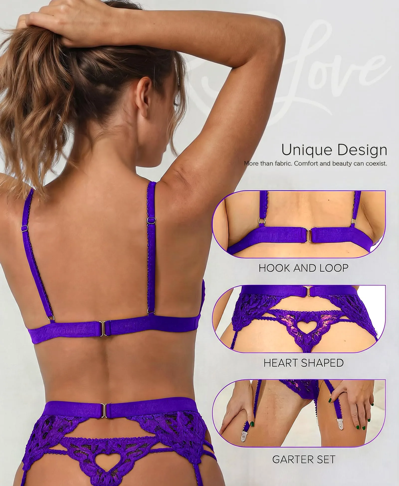 RSLOVE Set di Lingerie in Pizzo con Reggicalze 3 Pezzi, Viola Chiaro, S - immagine 4