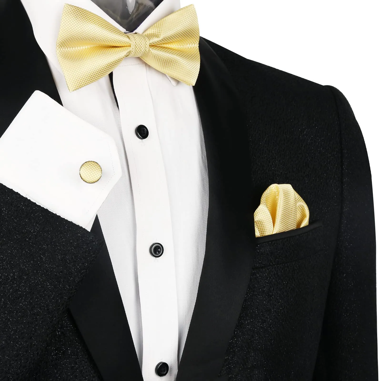 Alizeal Set da uomo con papillon, fazzoletto e gemelli, 054-Giallo oca, Taglia unica - immagine 2