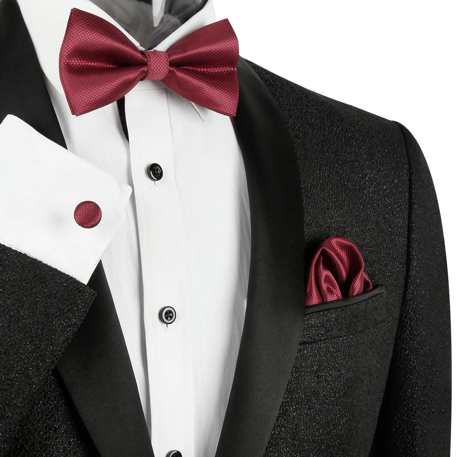 Alizeal Set da uomo con papillon, fazzoletto e gemelli - 054-Borgogna, Taglia unica - immagine 6