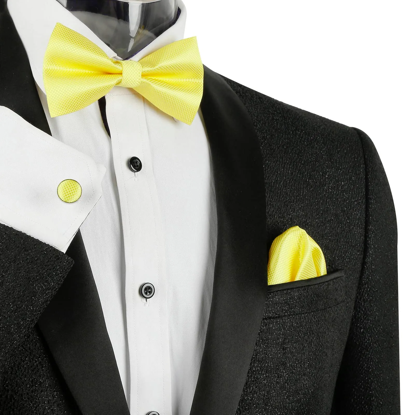 Alizeal Set da uomo con papillon, fazzoletto e gemelli, 054-Giallo, Taglia unica - immagine 6