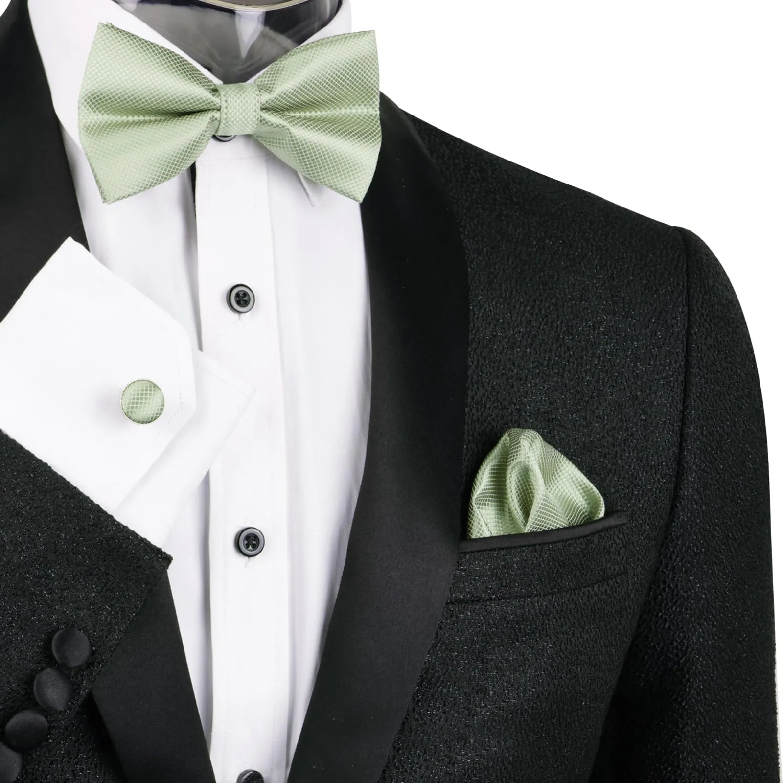 Alizeal Set da uomo con papillon, fazzoletto e gemelli, 054-Verde Salvia, Taglia unica - immagine 6