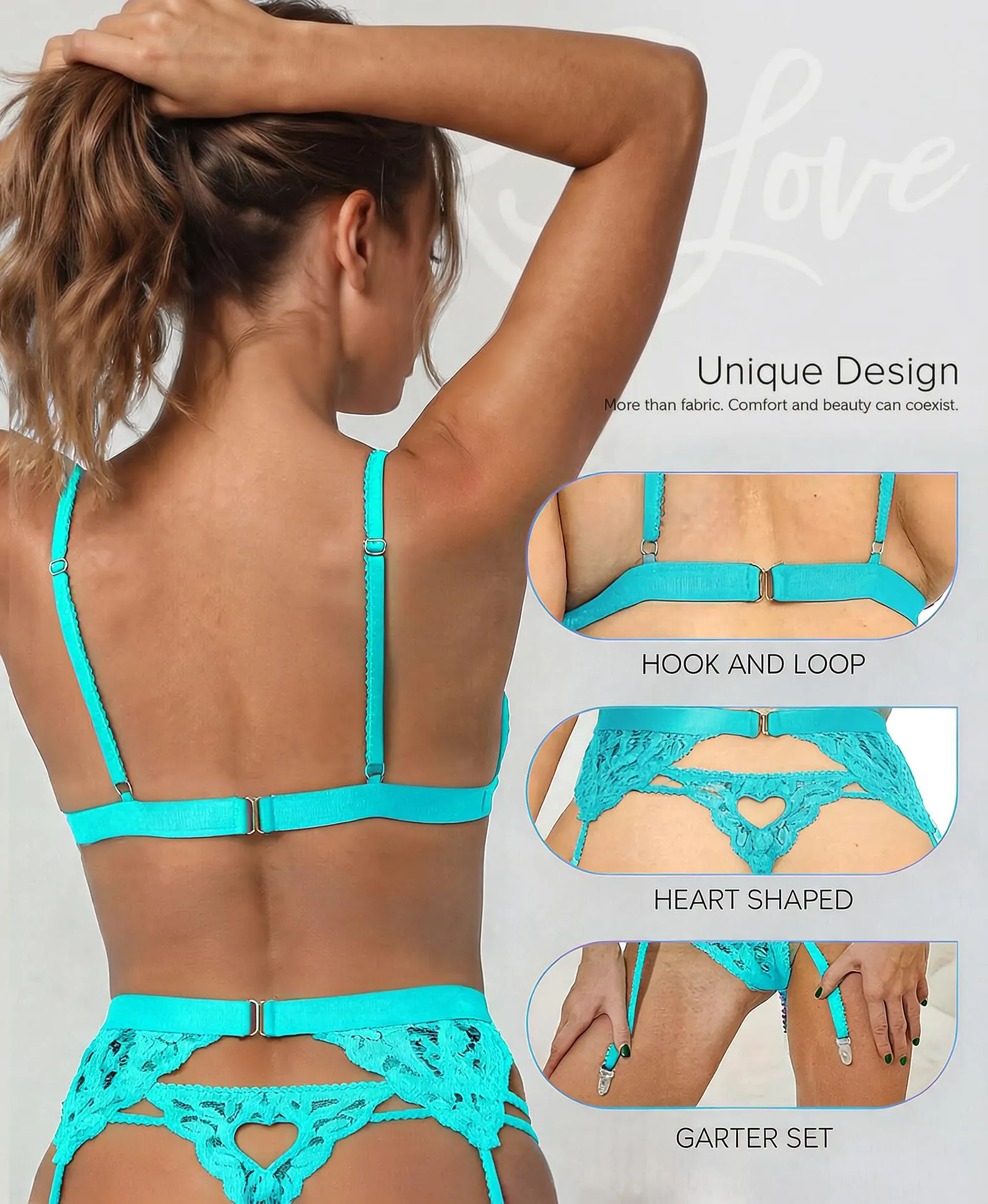 RSLOVE Set di Lingerie in Pizzo con Reggicalze 3 Pezzi - Blu Bambino, XL - immagine 4