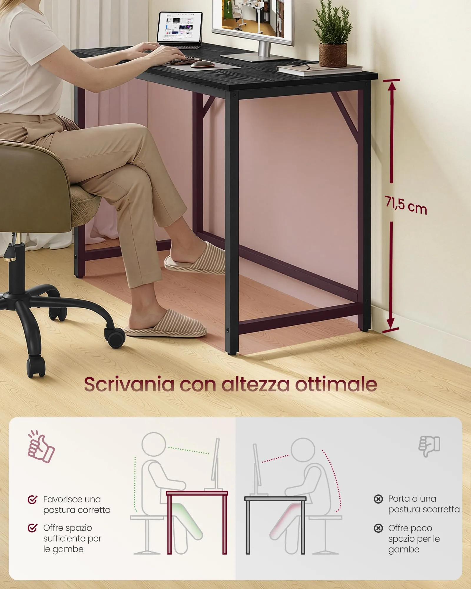 VASAGLE Scrivania per Computer, 50 x 100 x 76 cm, Nero Ebano e Nero Inchiostro LWD041B56 - immagine 3