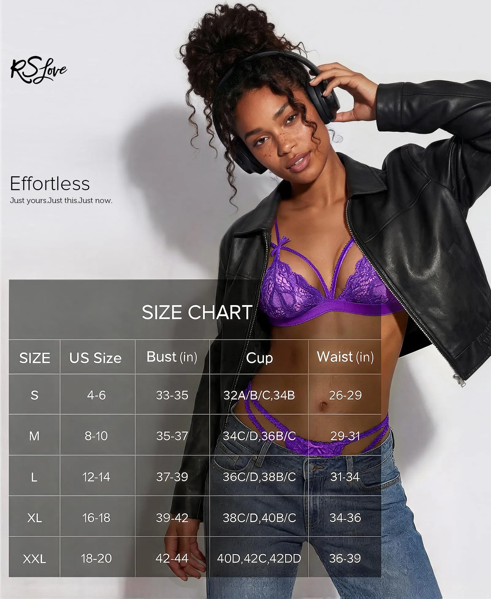 RSLOVE Set di Lingerie in Pizzo con Reggicalze 3 Pezzi, Viola Chiaro, M - immagine 3