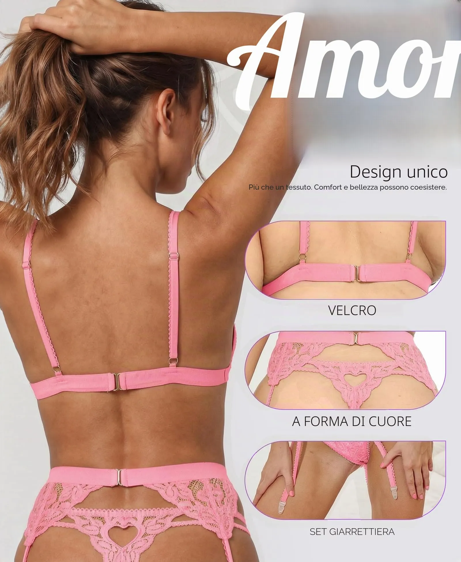 RSLOVE Set Lingerie in Pizzo con Reggicalze 3 Pezzi, Rosa Chiaro, S - immagine 4