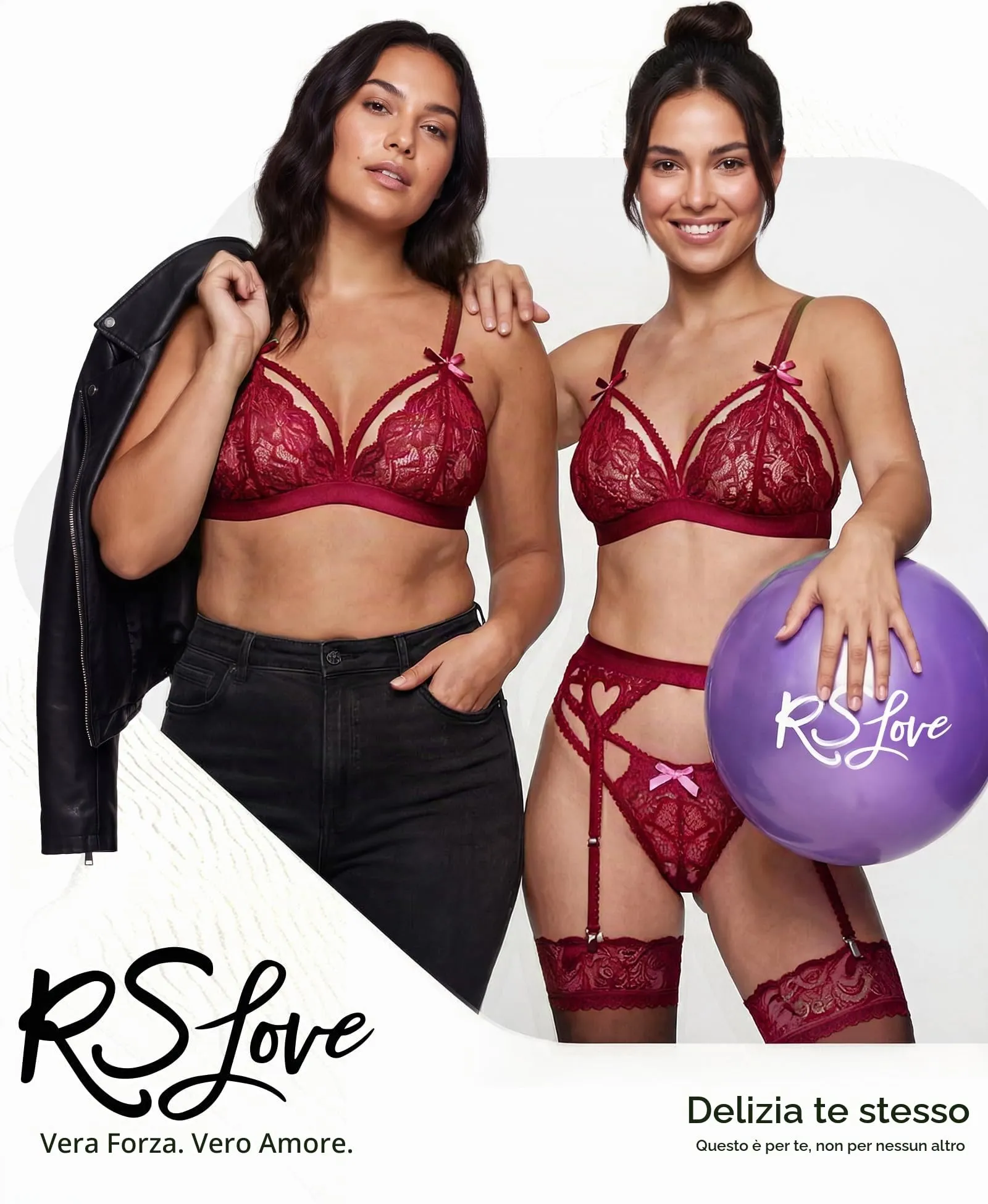 RSLOVE Set Lingerie in Pizzo con Reggicalze 3 Pezzi, Rosso Scuro, L - immagine 2