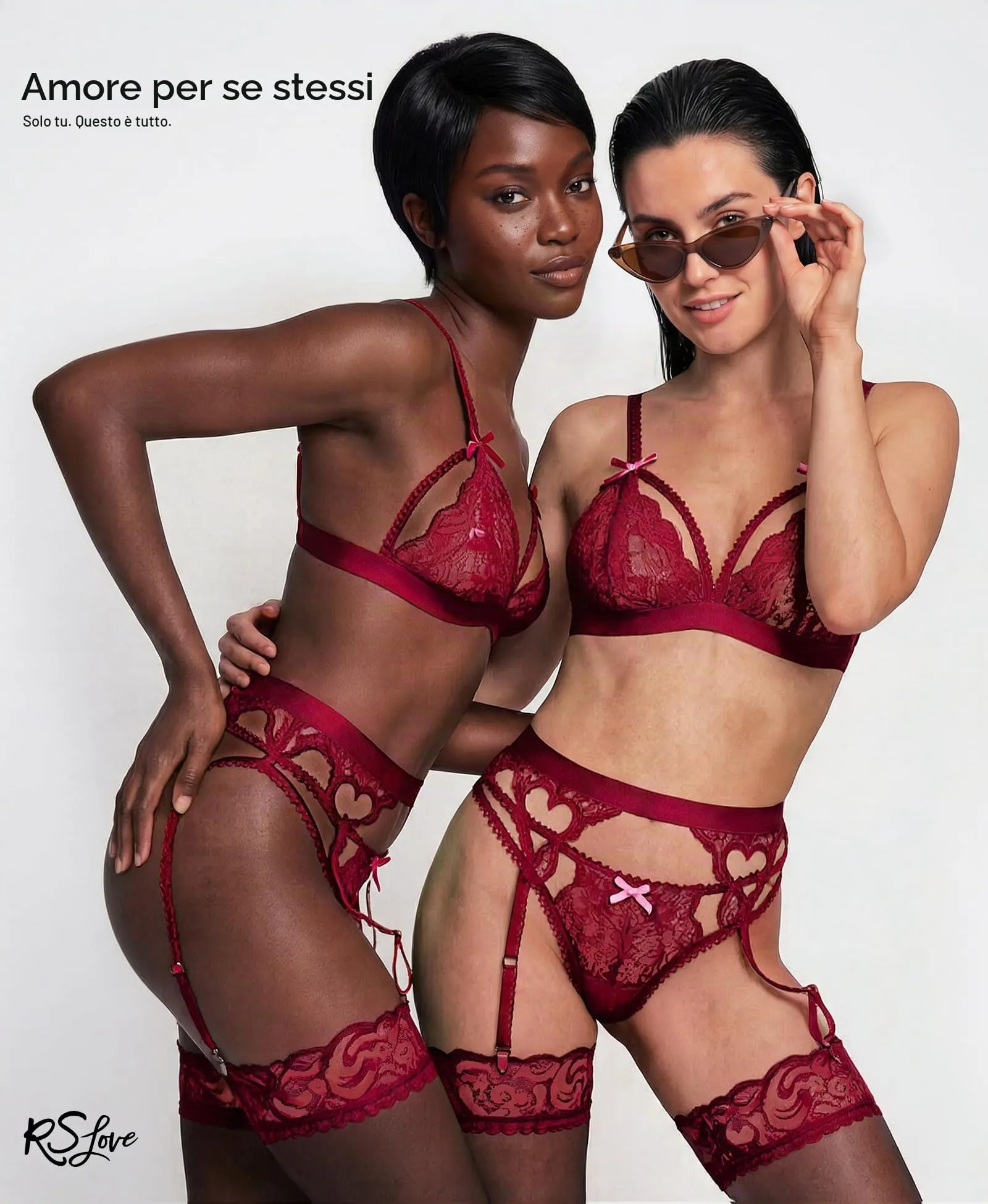 RSLOVE Set Lingerie in Pizzo con Reggicalze 3 Pezzi, Rosso Scuro, L - immagine 5