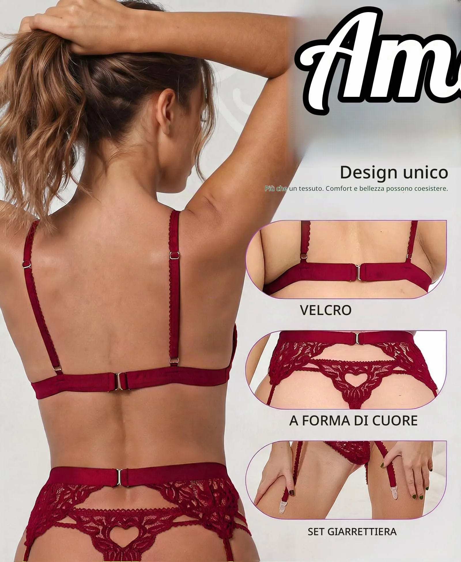 RSLOVE Set Lingerie in Pizzo con Reggicalze 3 Pezzi, Rosso Scuro, XL - immagine 4