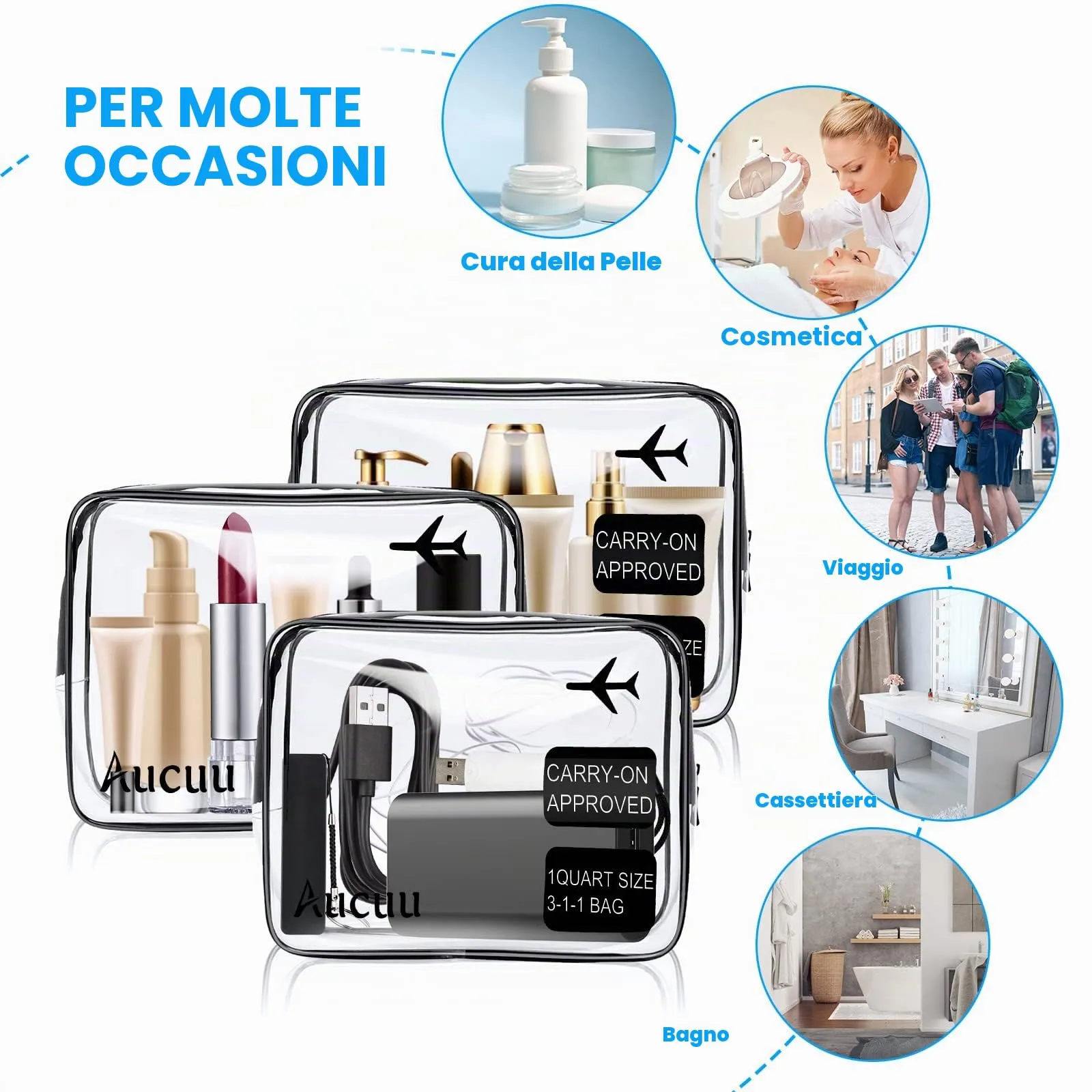 Aucuu Beauty Case Trasparente, Set da 2 Pezzi, Borse da Toilette Impermeabili da Viaggio - immagine 4