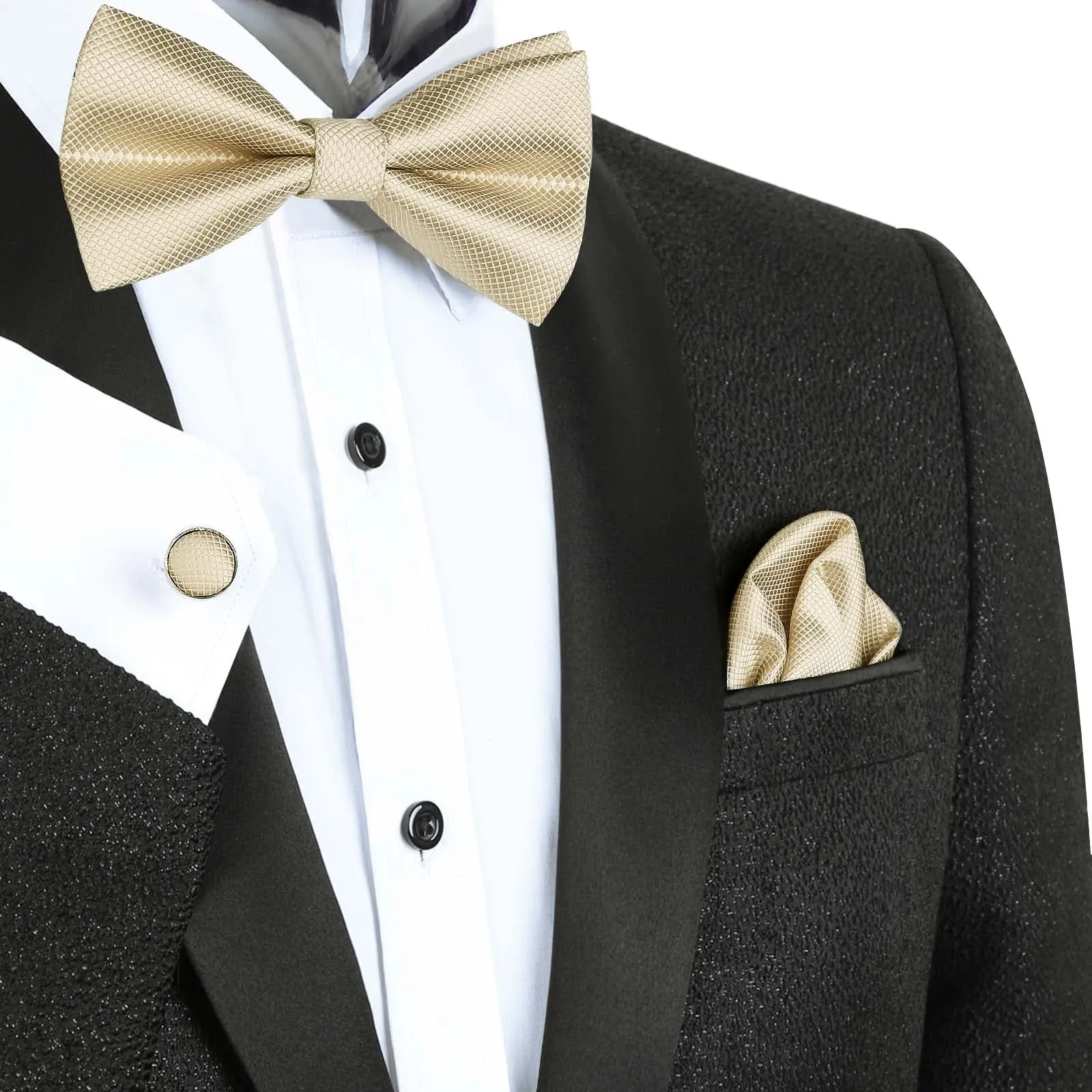 Alizeal Set da uomo con papillon, fazzoletto e gemelli, 054-Champagne, Taglia unica - immagine 3