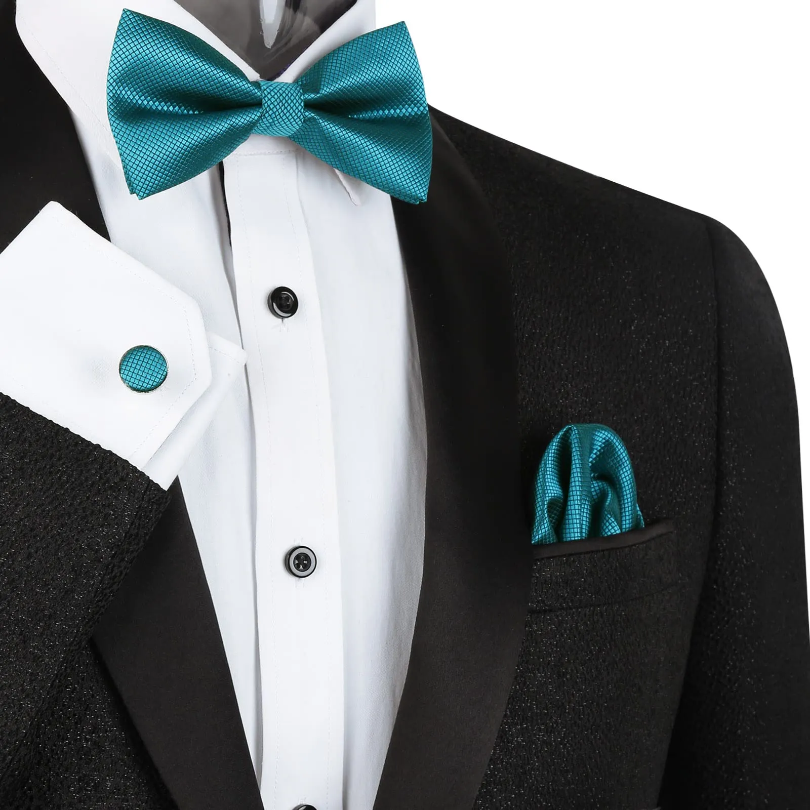 Alizeal Set da uomo con papillon, fazzoletto e gemelli - 054-Teal scuro, Taglia unica - immagine 2