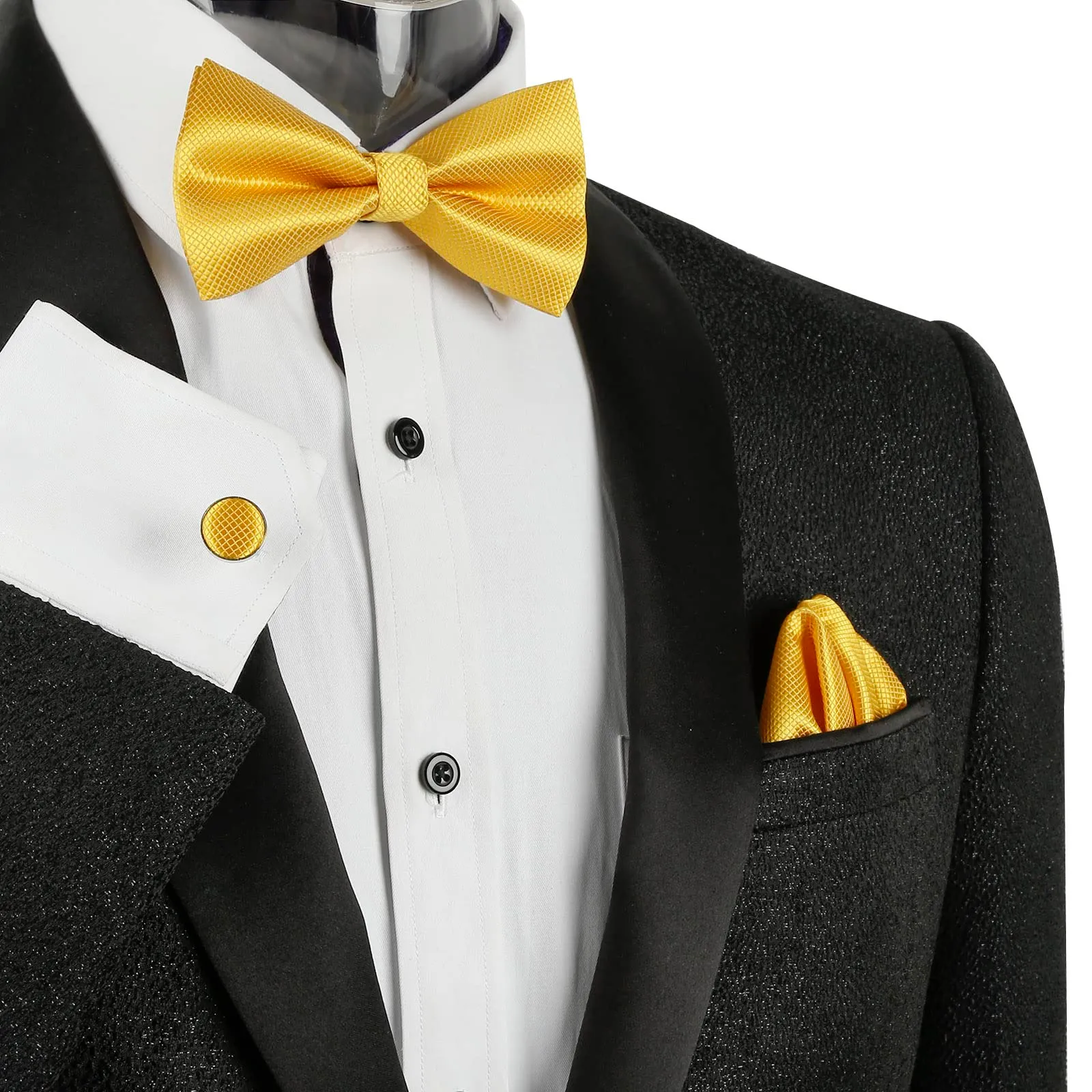 Alizeal Solid Pre-tied Bow Tie, Cufflinks and Pocket Square Set - Gold - immagine 5