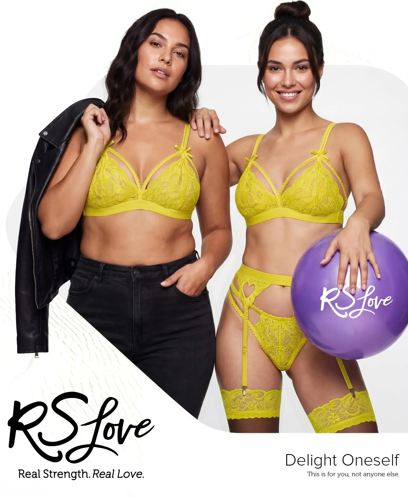 RSLOVE Set Lingerie in Pizzo con Reggicalze 3 Pezzi, Giallo Limone, L - immagine 2
