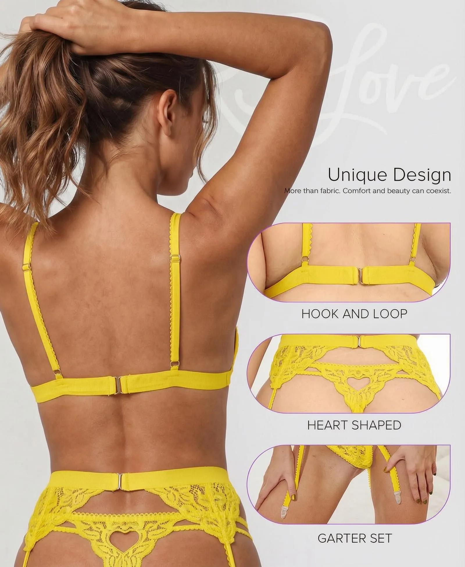 RSLOVE Set Lingerie in Pizzo con Reggicalze 3 Pezzi, Giallo Limone, L - immagine 4
