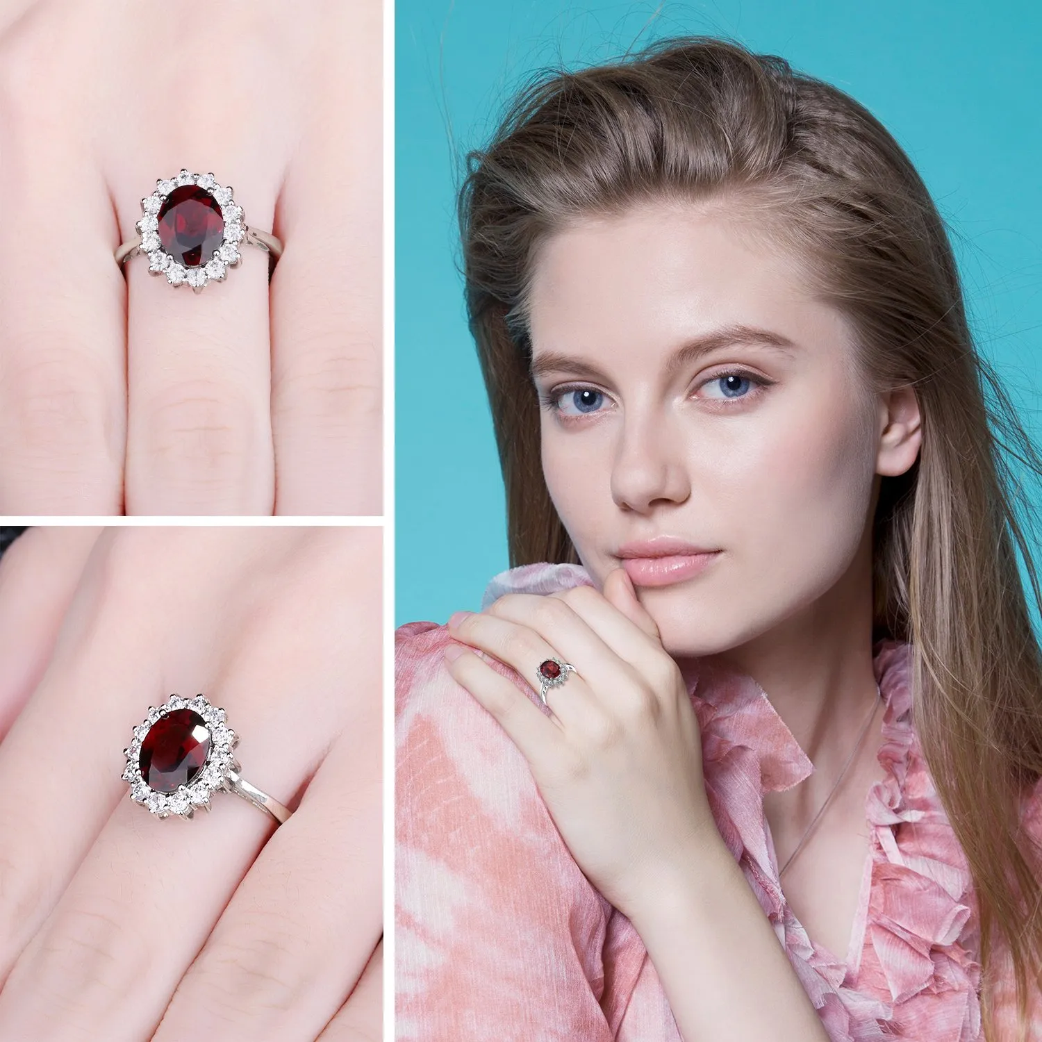 JewelryPalace Anello Halo in Argento 925 con Granato Rosso Naturale e Zirconi, Taglia 18.5 - immagine 4