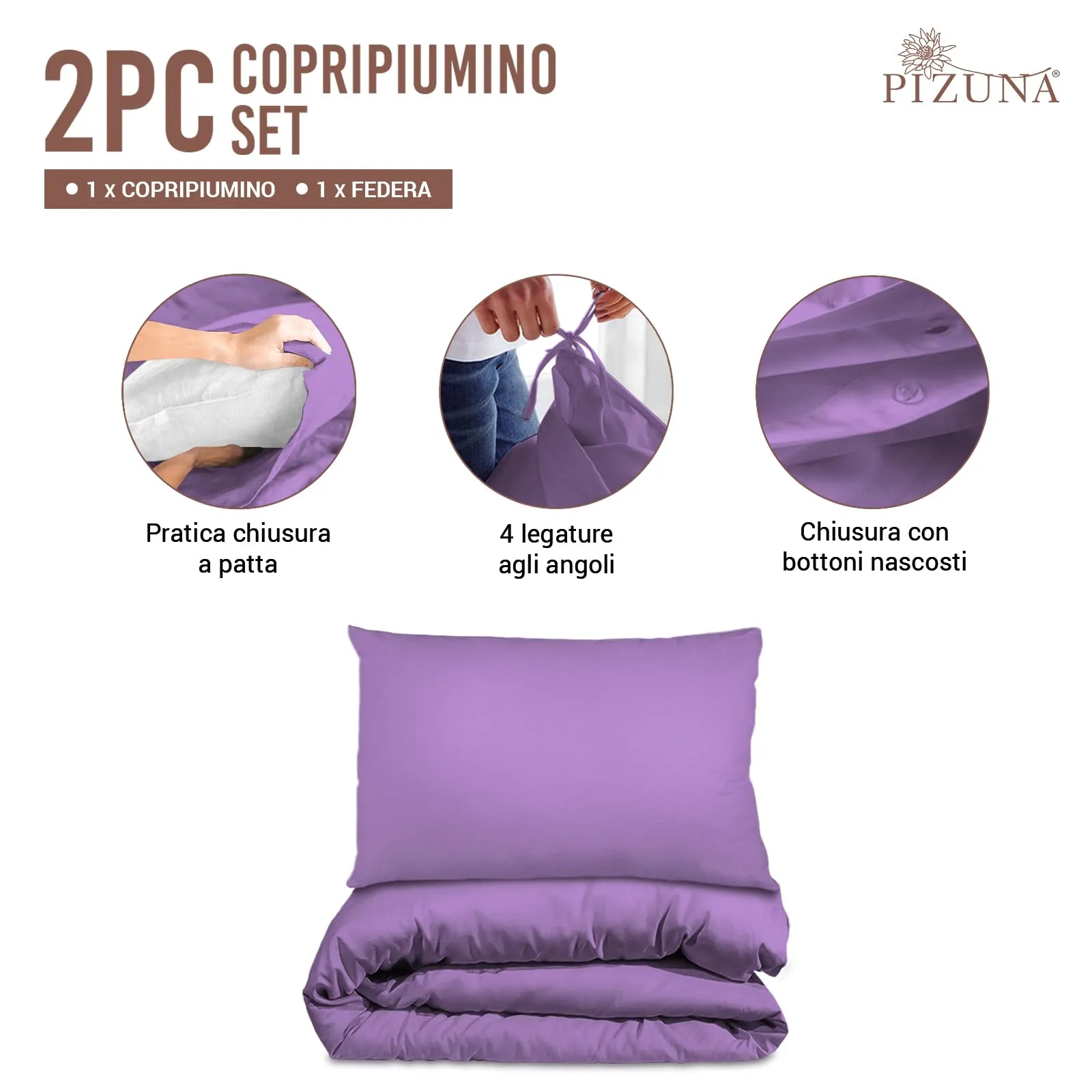 Pizuna Linens Copripiumino Singolo in Cotone 400 Fili, 150x200 cm, Porpora, Set 2 Pezzi - immagine 3