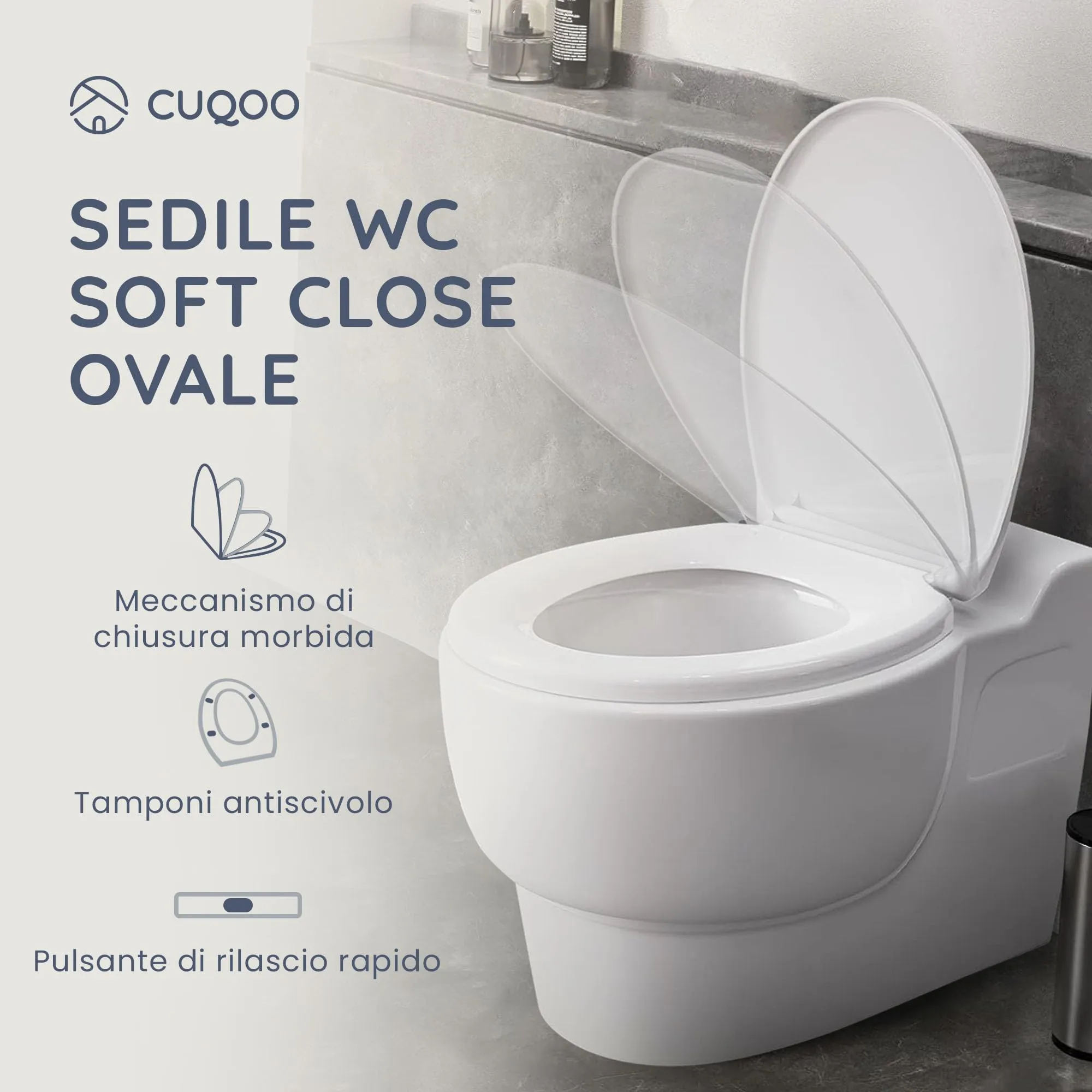 CUQOO Copriwater Universale Soft Close, Bianca, 44 cm x 37 cm - immagine 2