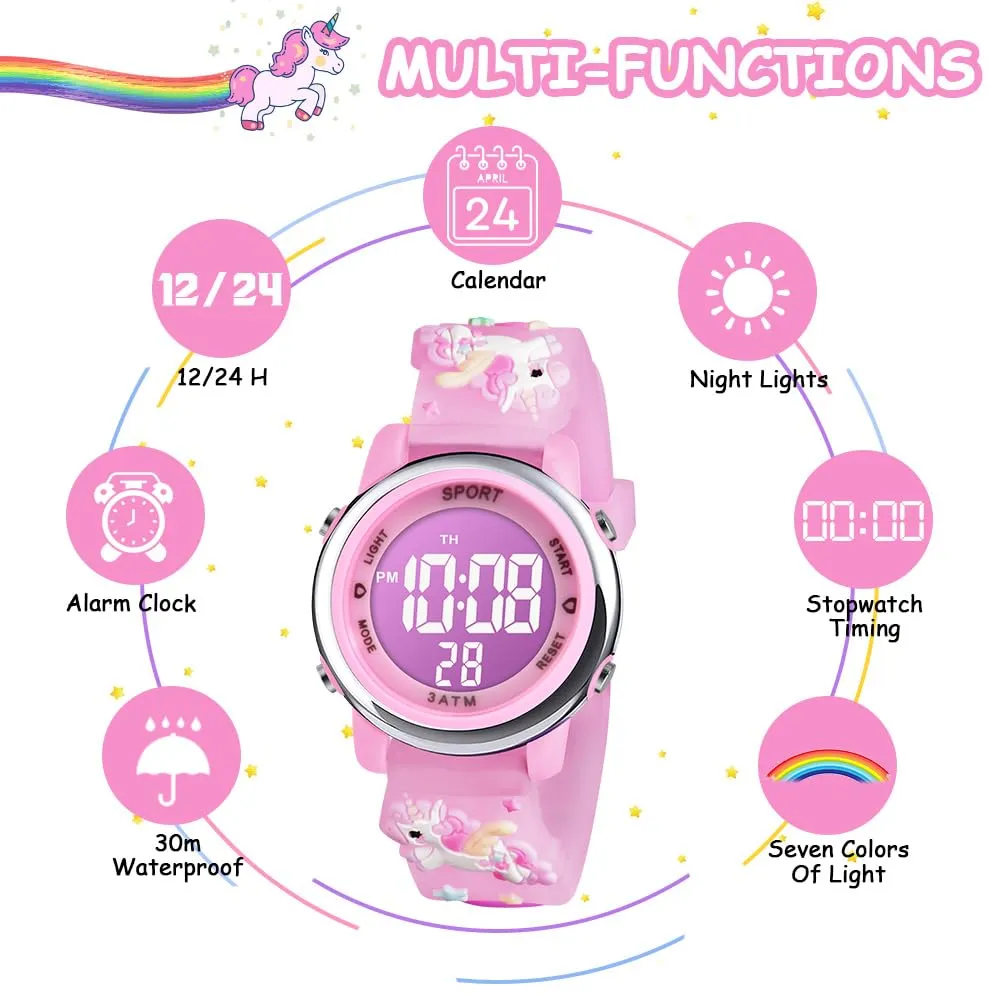Vicloon Orologio Digitale per Bambini Unicorno 3D, Impermeabile con Retroilluminazione a 7 Colori - immagine 4