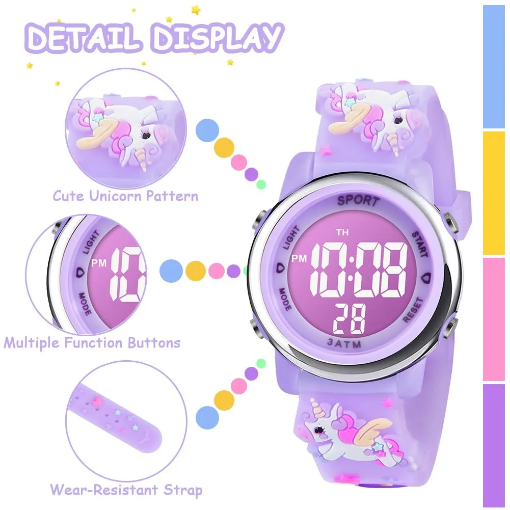 Vicloon Orologio Digitale per Bambini, Design Unicorno 3D, Waterproof, Retroilluminazione a 7 Colori - immagine 3