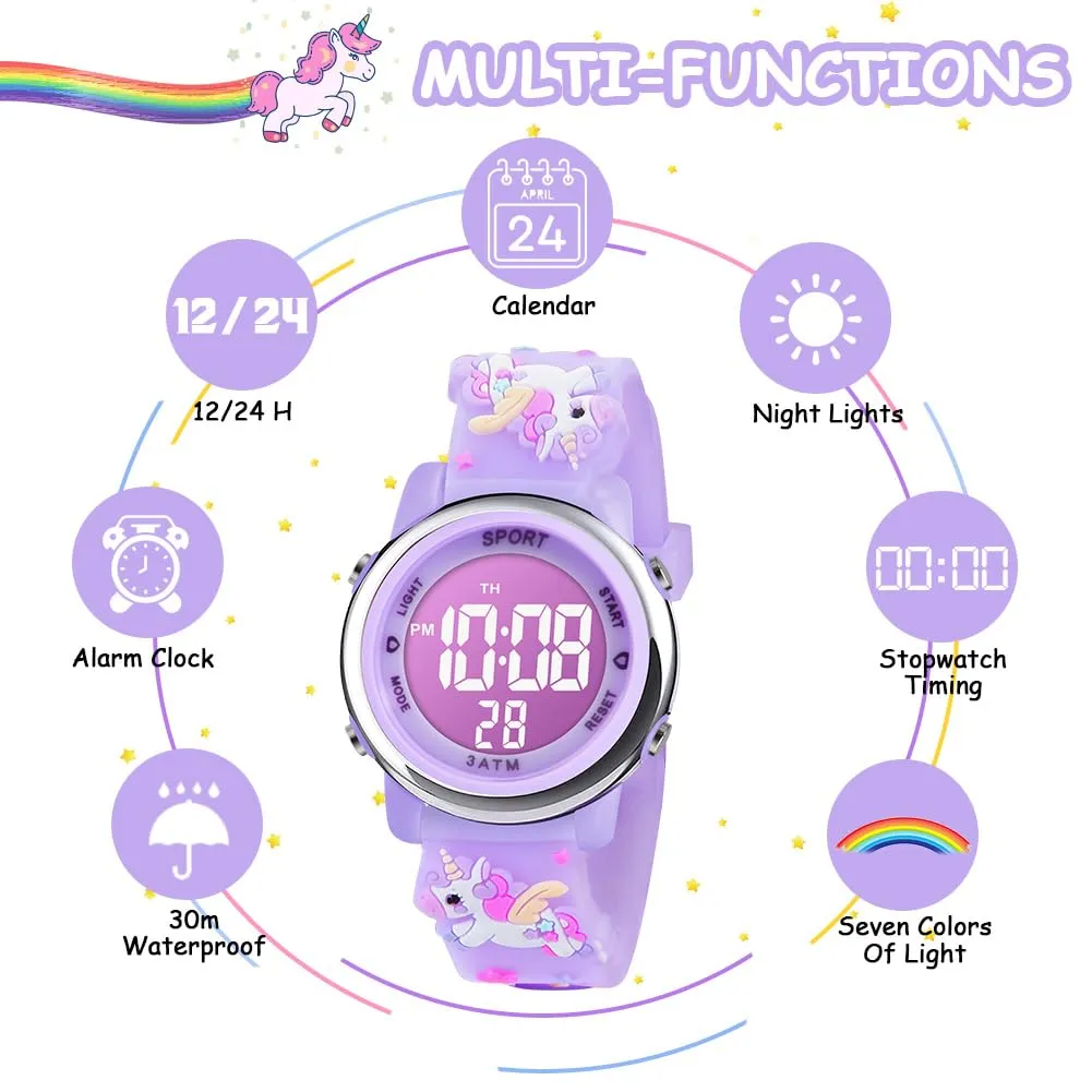 Vicloon Orologio Digitale per Bambini, Design Unicorno 3D, Waterproof, Retroilluminazione a 7 Colori - immagine 4