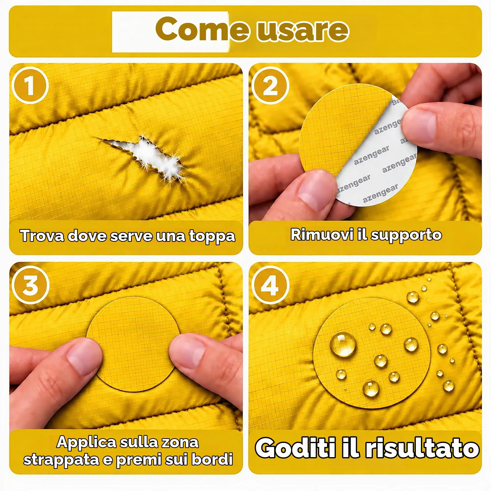 aZengear Toppe di Riparazione Impermeabili per Piumino e Tenda, 11 Pezzi, Giallo - immagine 2