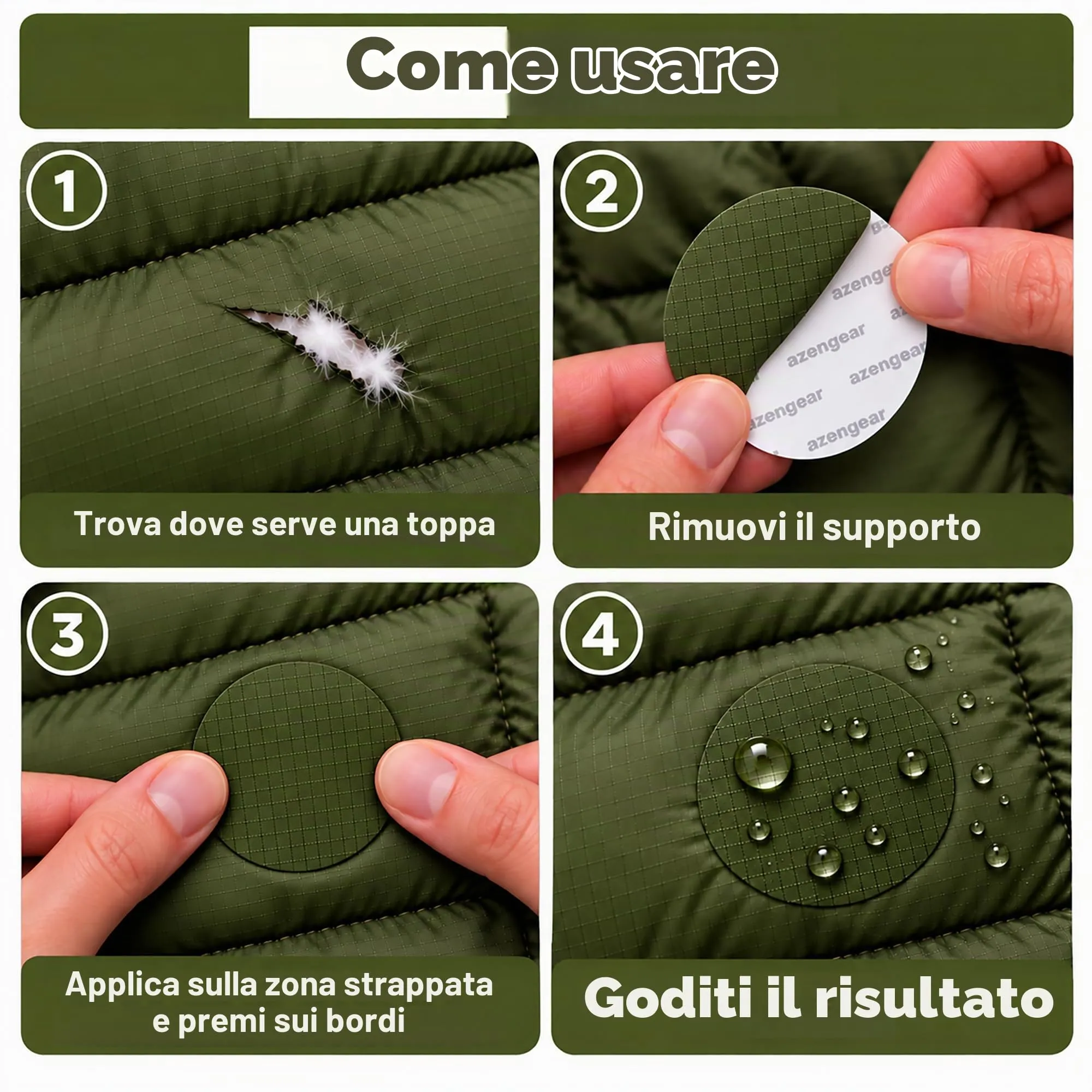 aZengear Toppe di Riparazione Impermeabili per Piumino e Tenda, 11 Pezzi, Oliva - immagine 2