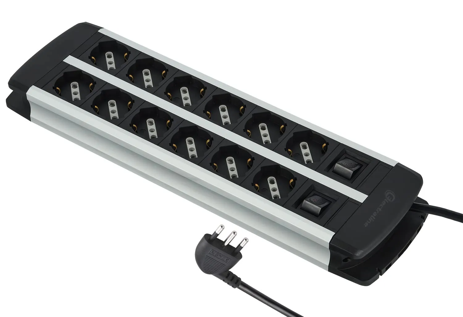 Electraline 61916 Multipresa Alu-Line 12 Posti Polivalenti (Schuko + 10/16A) con 2 Interruttori, Cavo 2M, Corpo in Alluminio, Protezione Sovraccarico - immagine 1