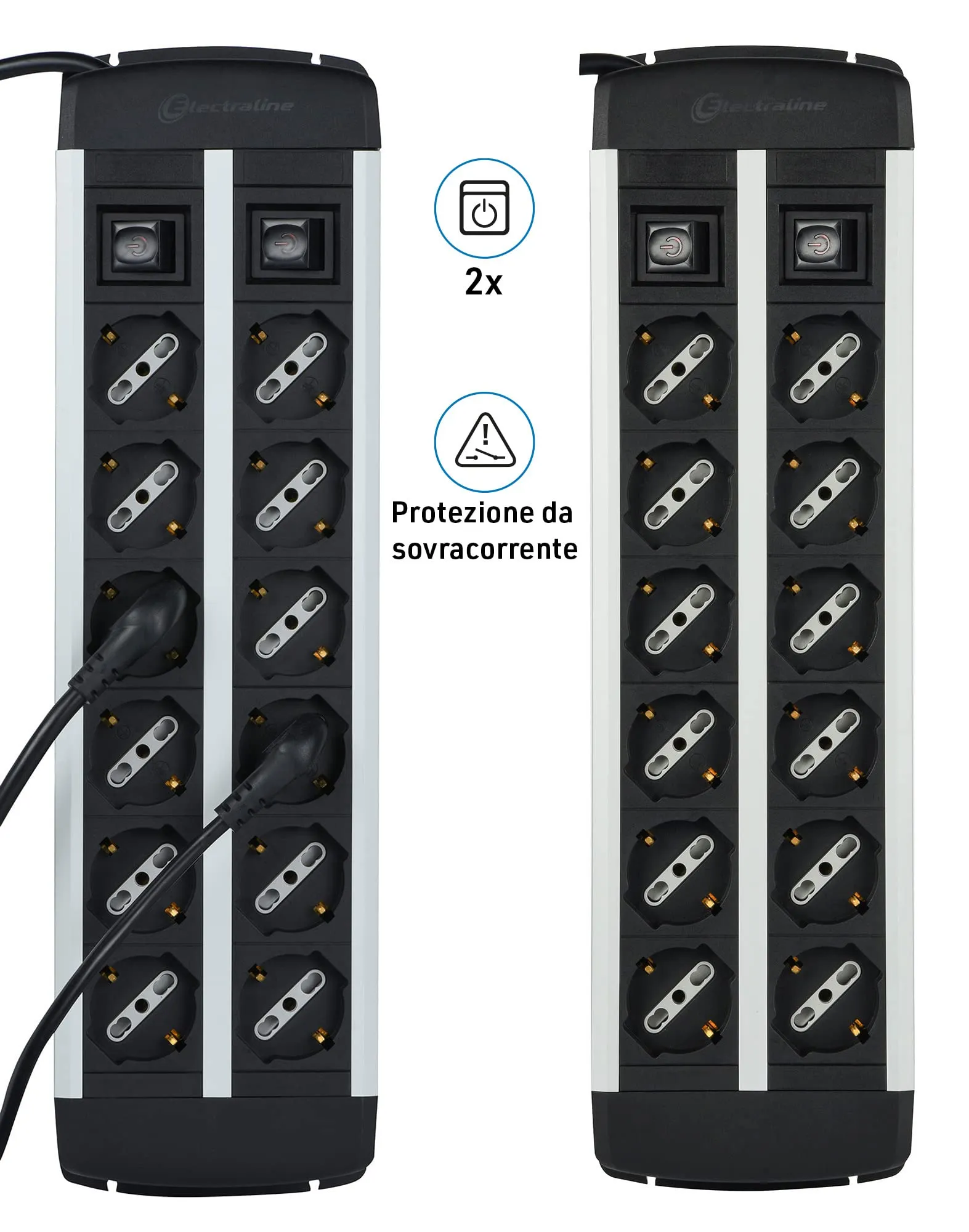 Electraline 61916 Multipresa Alu-Line 12 Posti Polivalenti (Schuko + 10/16A) con 2 Interruttori, Cavo 2M, Corpo in Alluminio, Protezione Sovraccarico - immagine 2