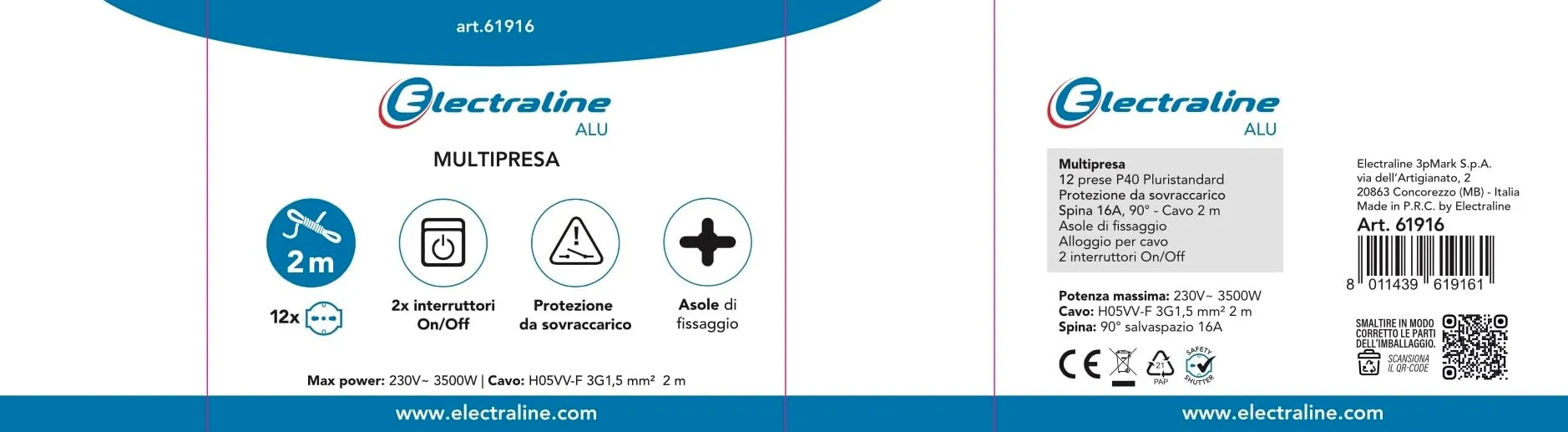 Electraline 61916 Multipresa Alu-Line 12 Posti Polivalenti (Schuko + 10/16A) con 2 Interruttori, Cavo 2M, Corpo in Alluminio, Protezione Sovraccarico - immagine 7