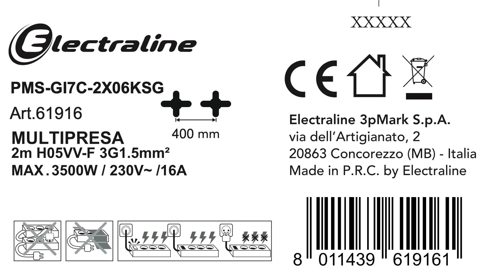 Electraline 61916 Multipresa Alu-Line 12 Posti Polivalenti (Schuko + 10/16A) con 2 Interruttori, Cavo 2M, Corpo in Alluminio, Protezione Sovraccarico - immagine 8