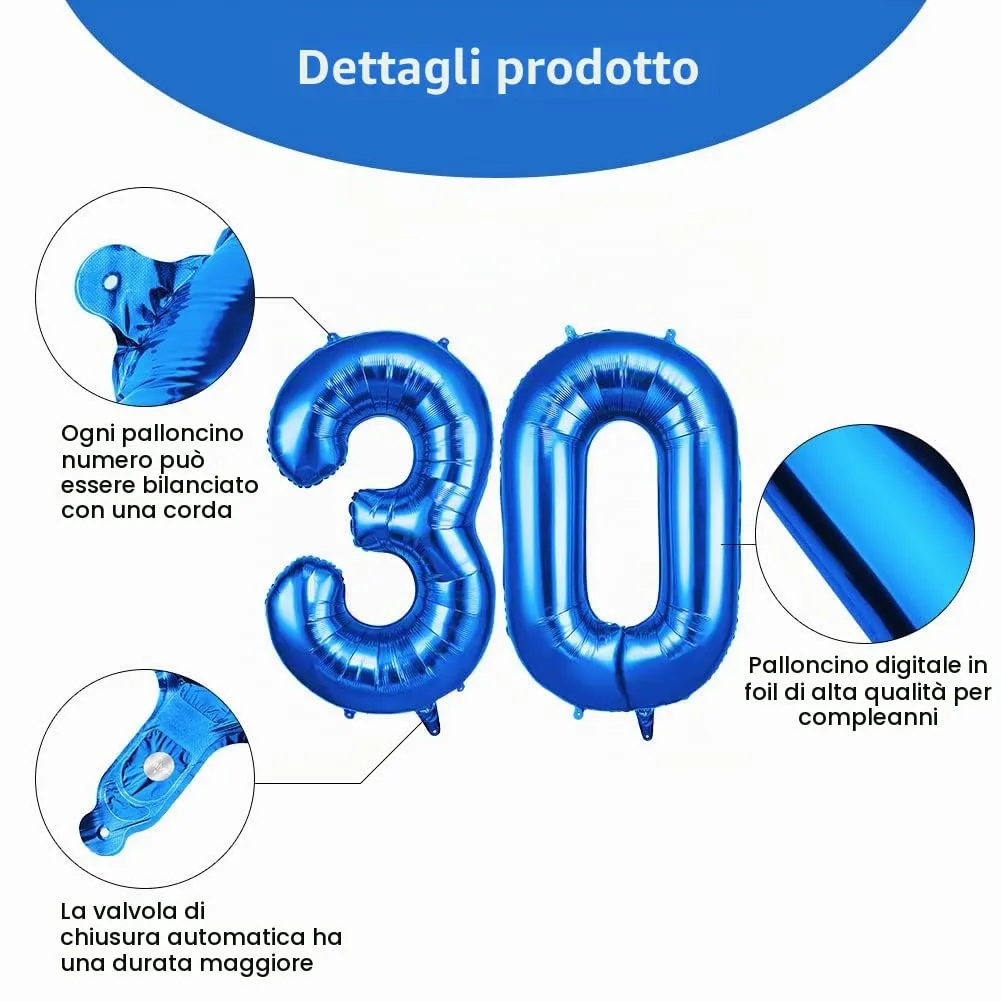 OFFCUP Palloncini Compleanno Blu, Numero 30, 101 cm - immagine 3