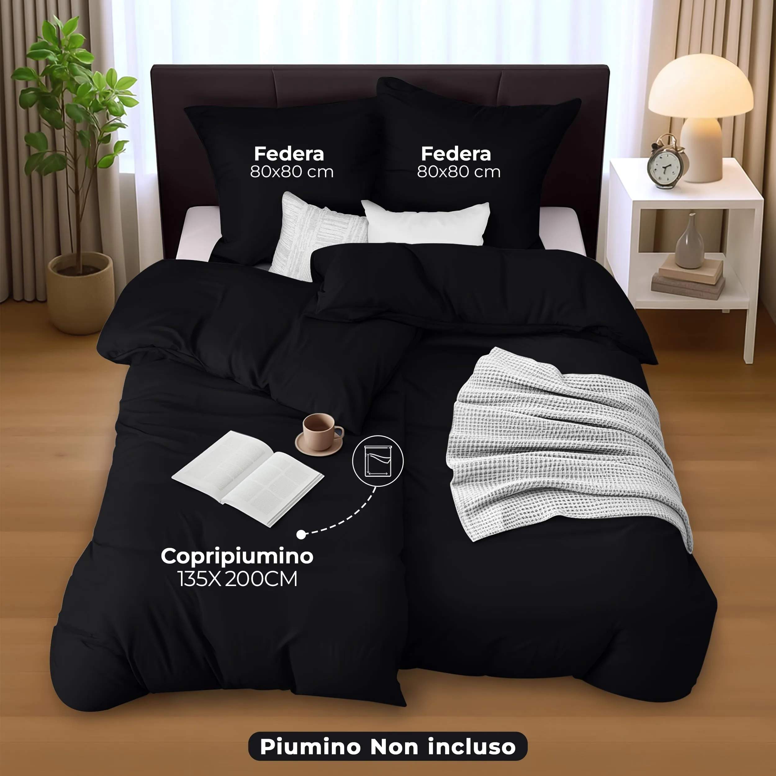 Utopia Bedding Copripiumino in Microfibra, 2 Pezzi 135x200cm + 2 Federe 80x80cm, Nero - immagine 2