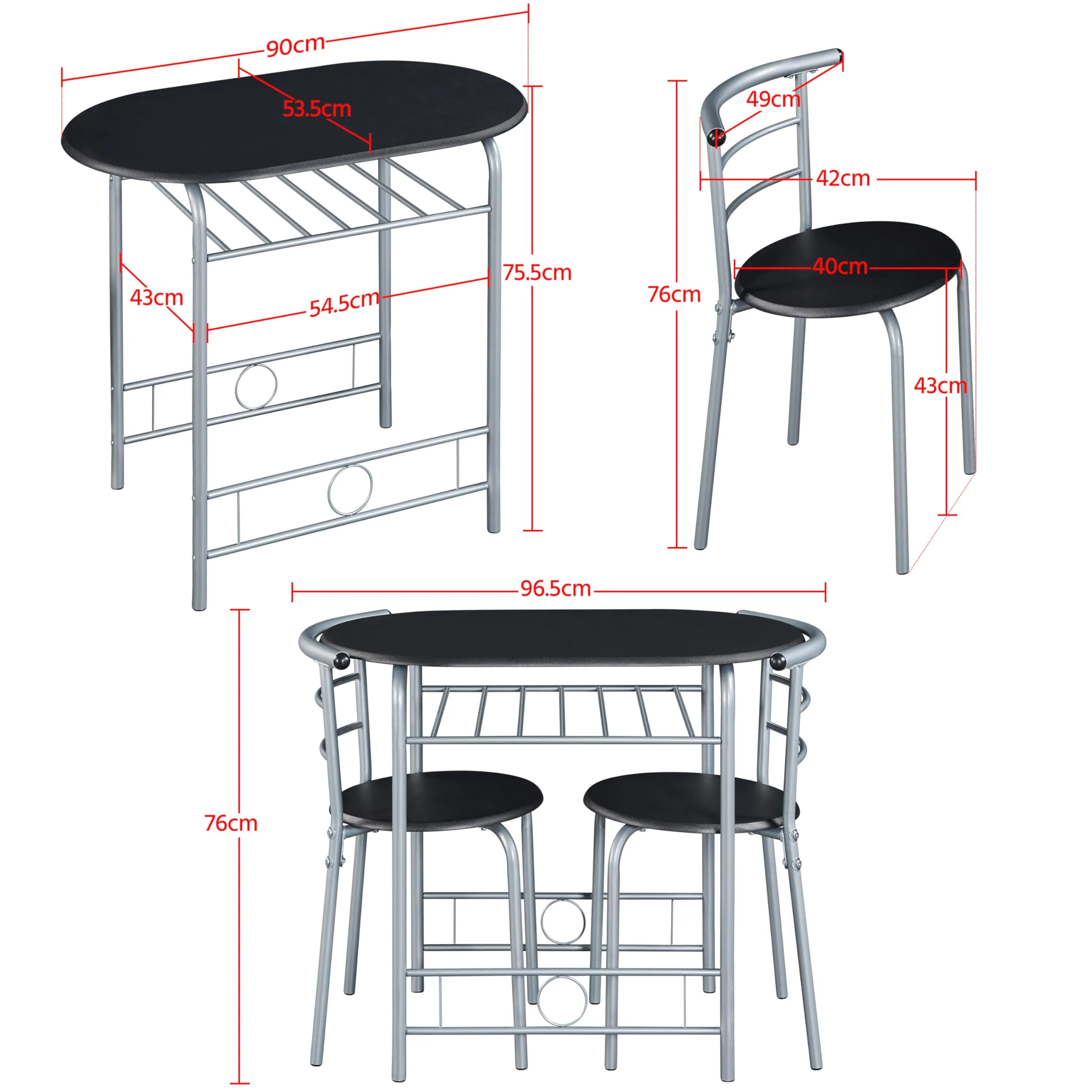 Yaheetech Set Tavolo e 2 Sedie da Pranzo, Nero - immagine 3