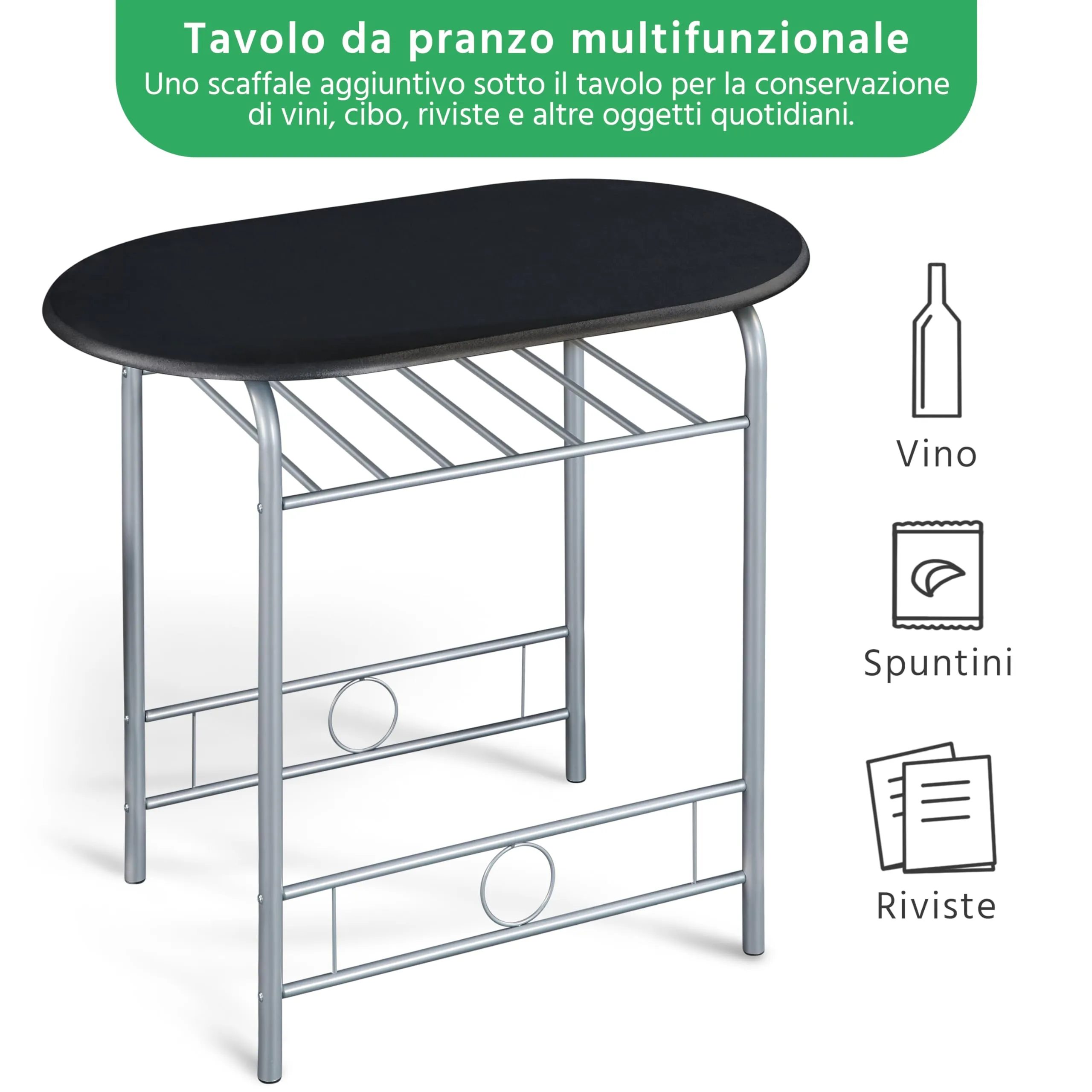 Yaheetech Set Tavolo e 2 Sedie da Pranzo, Nero - immagine 4