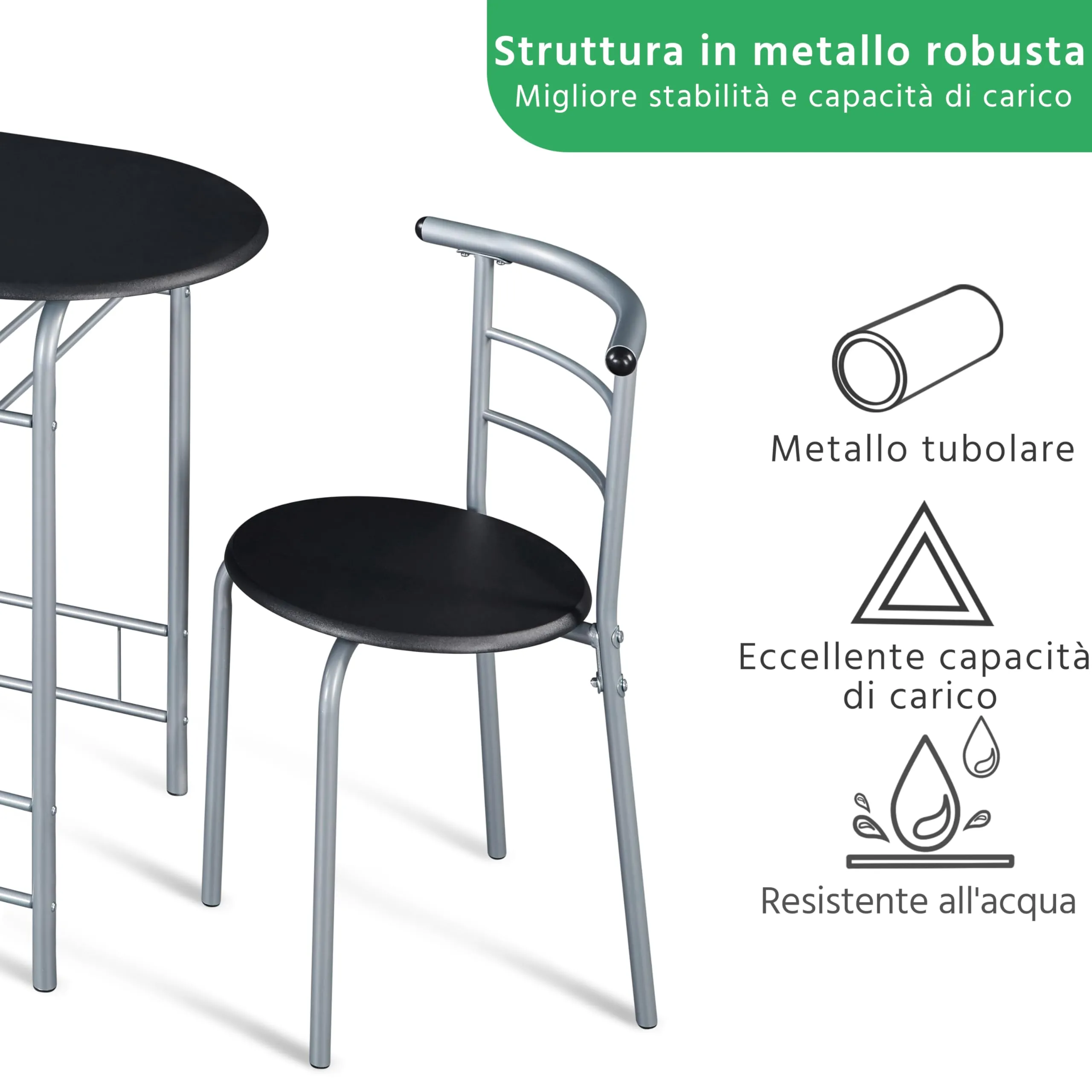 Yaheetech Set Tavolo e 2 Sedie da Pranzo, Nero - immagine 5