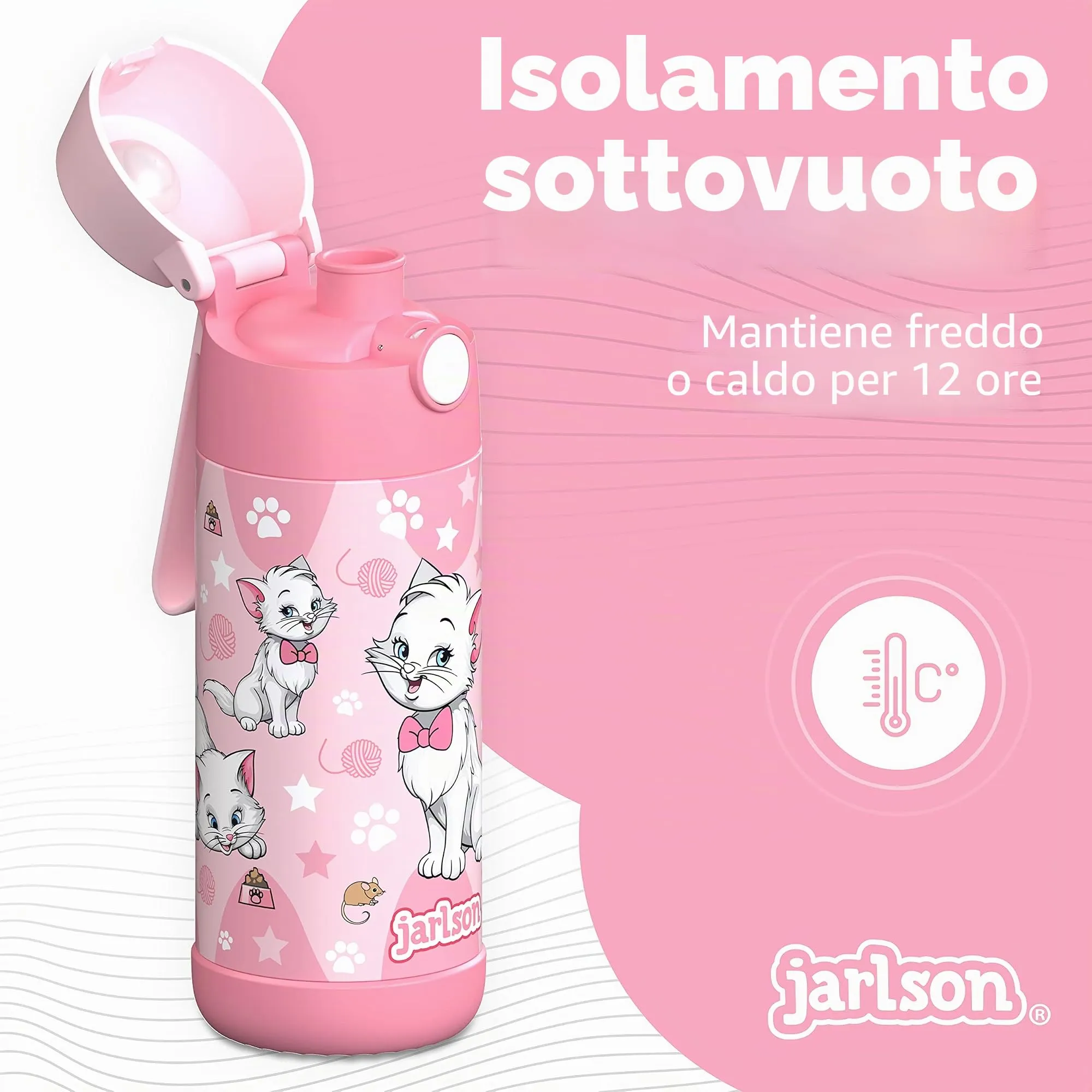 Jarlson Mali Borraccia Termica per Bambini in Acciaio Inox, 355 ml, Stella di Gatto - immagine 2