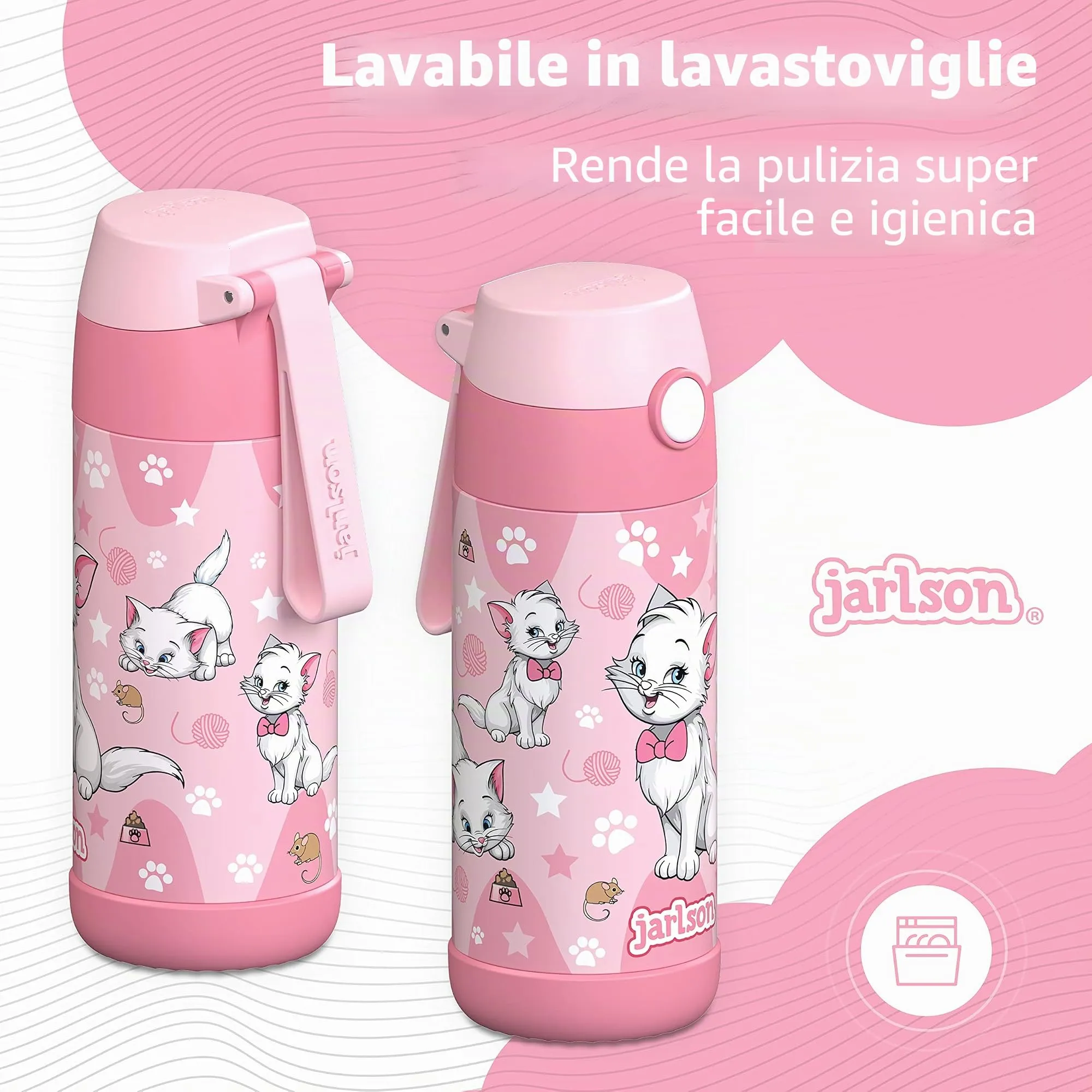 Jarlson Mali Borraccia Termica per Bambini in Acciaio Inox, 355 ml, Stella di Gatto - immagine 4