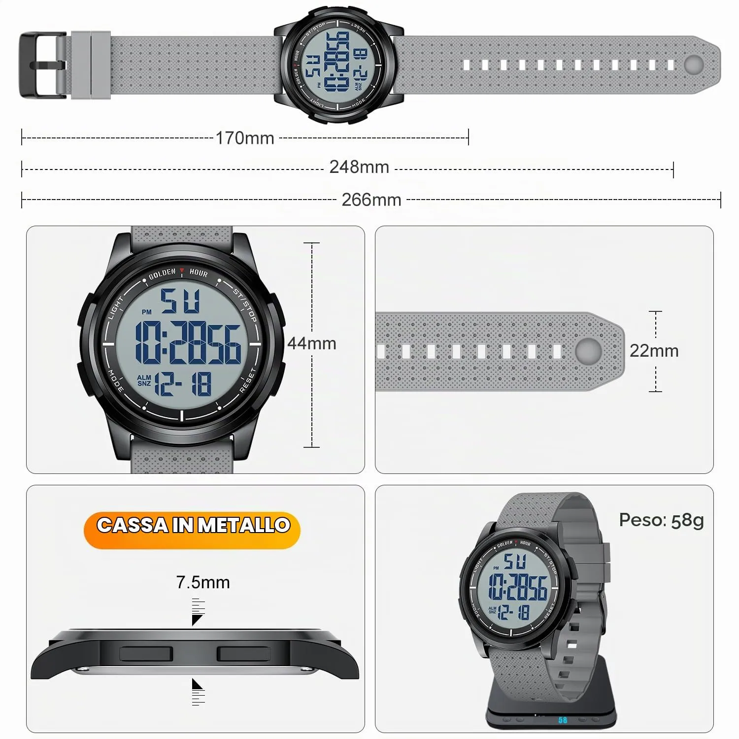 Golden Hour GH1313 Orologio Digitale Sport Impermeabile Ultra-Sottile con Cinturino in Gomma - immagine 4
